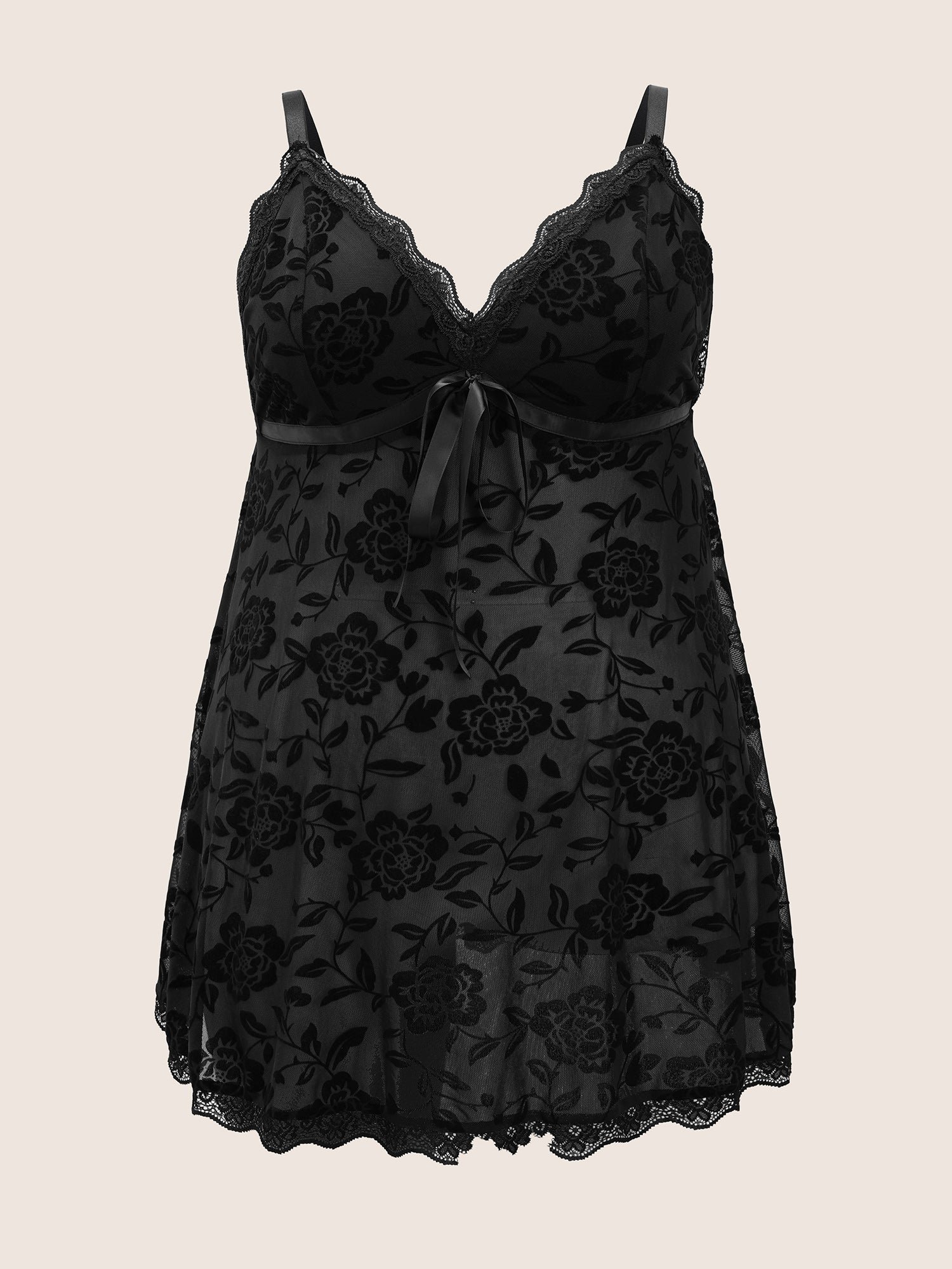 Silhouette Floral Print Lace Panel Bowknot Sleep Dress - Image 7