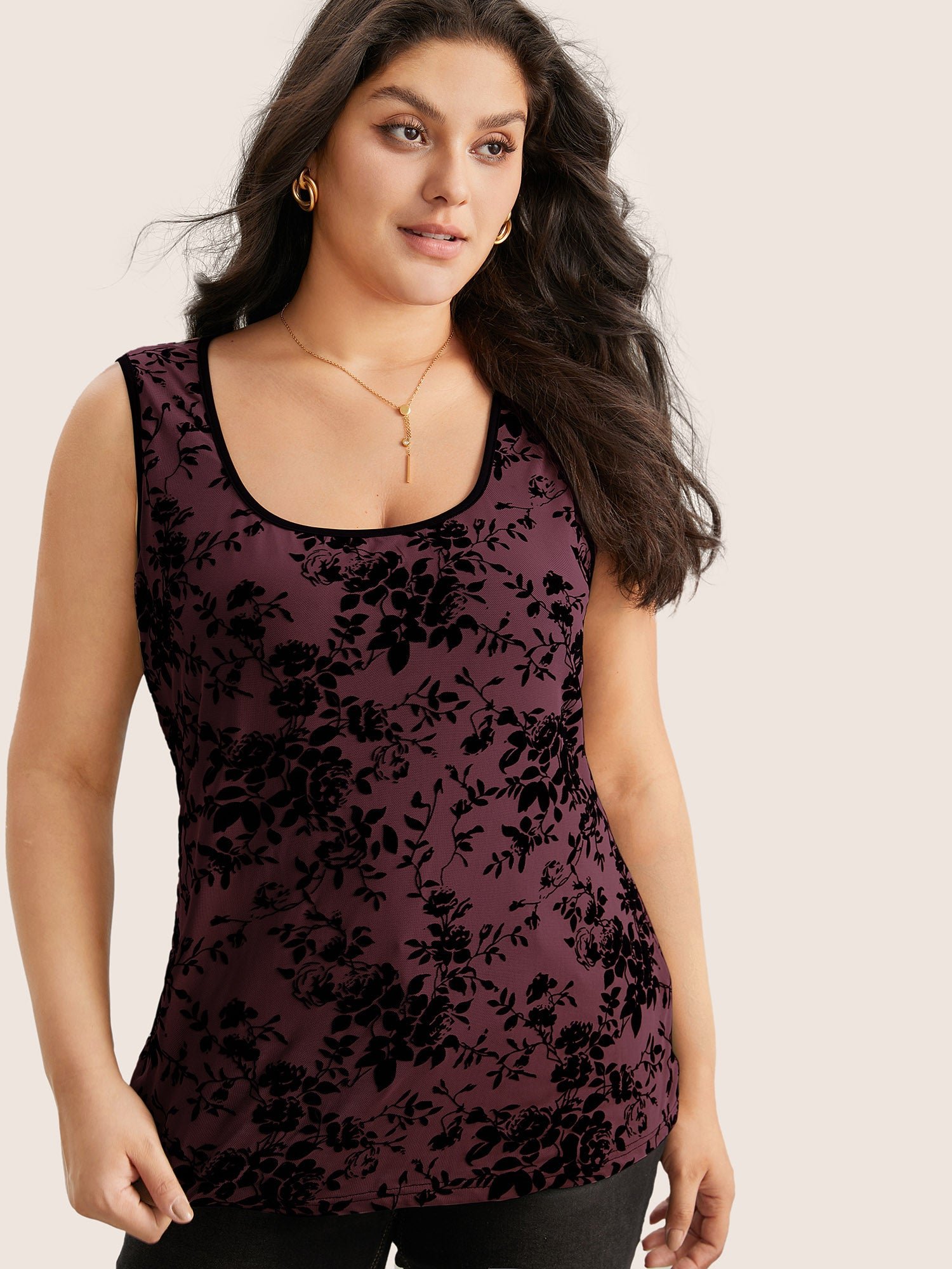 Silhouette Floral Print Flocking Square Neck Tank Top - Image 3
