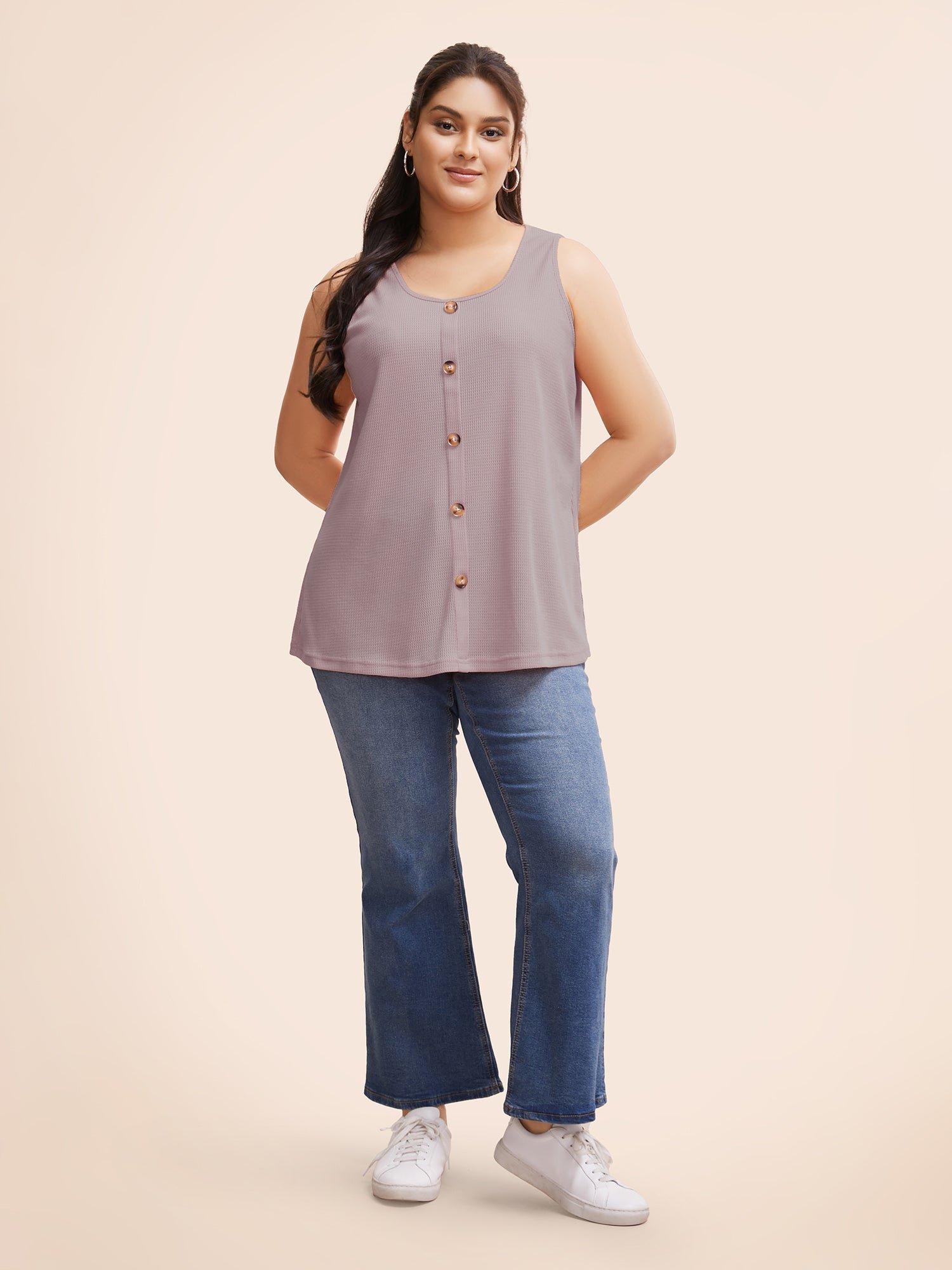 Solid Button Detail Waffle Knit Tank Top - Image 2