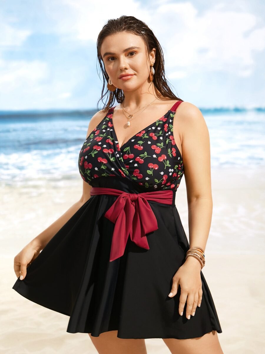 Cherry Print Wrap Tie Knot Swim Dress