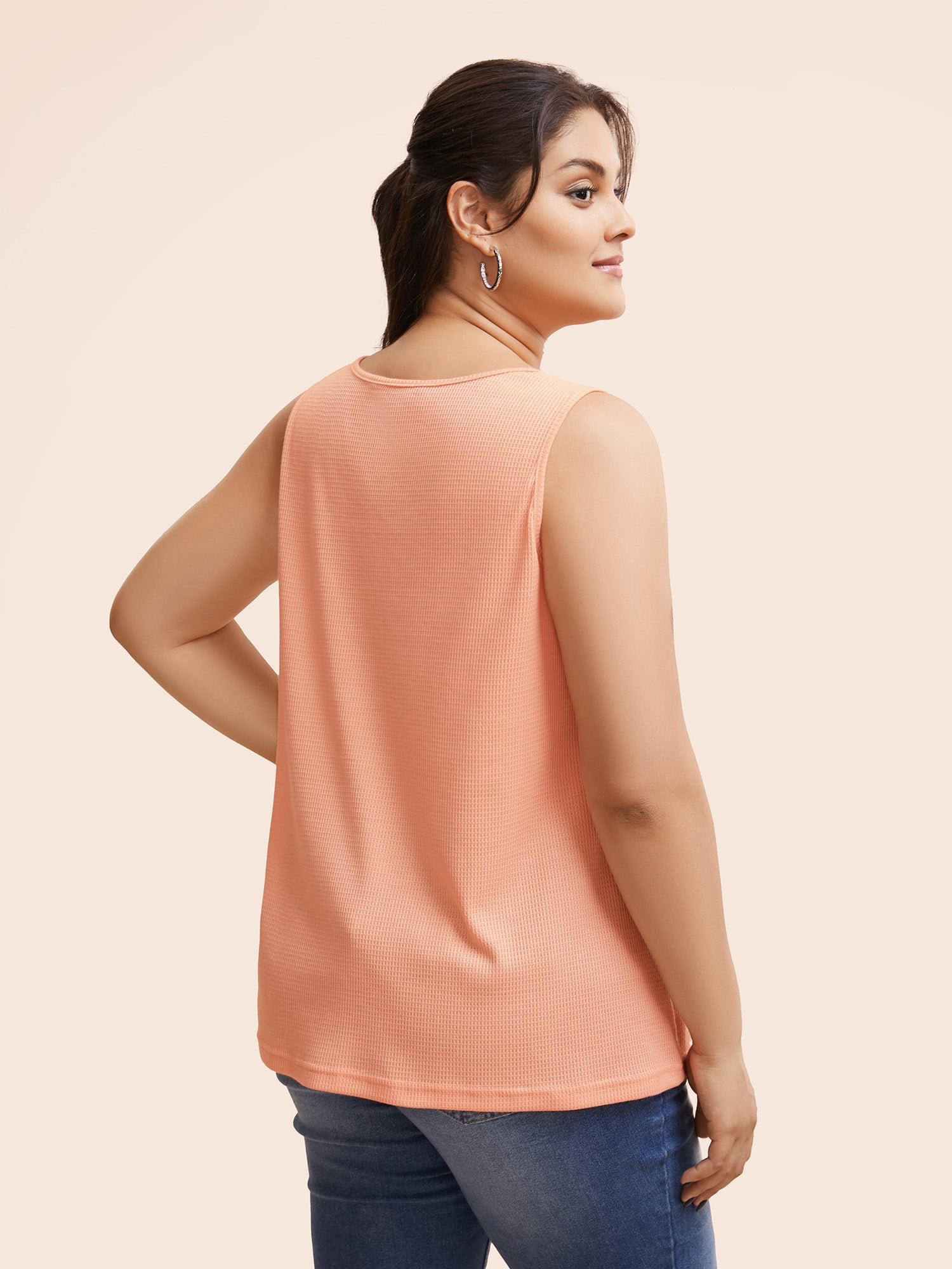 Solid Button Detail Waffle Knit Tank Top - Image 10