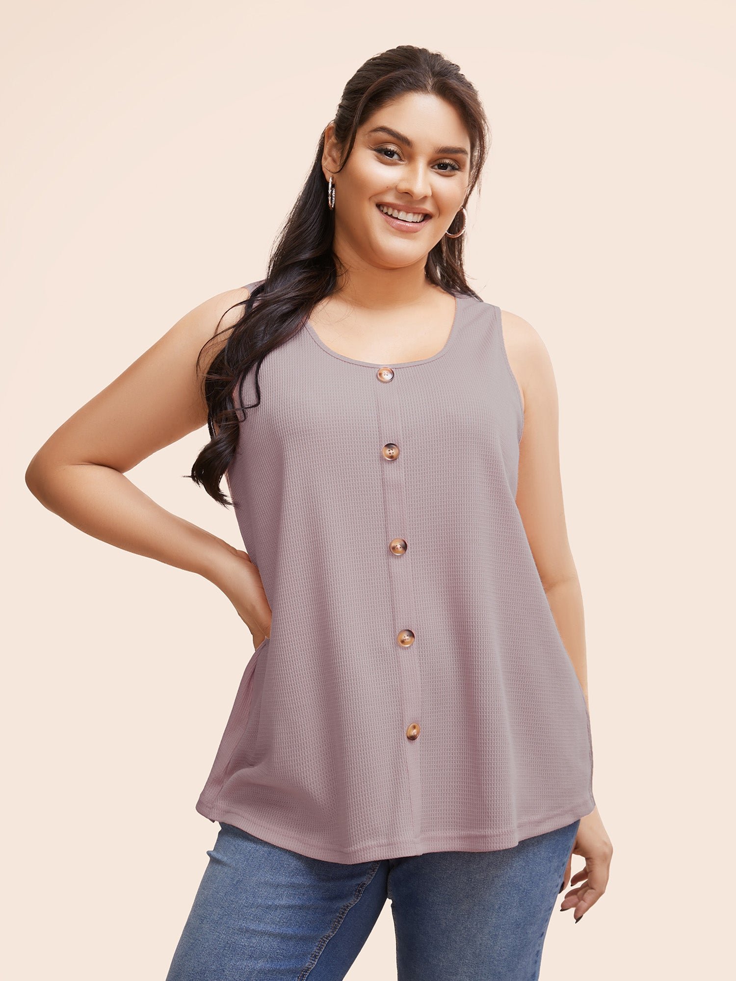 Solid Button Detail Waffle Knit Tank Top - Image 4