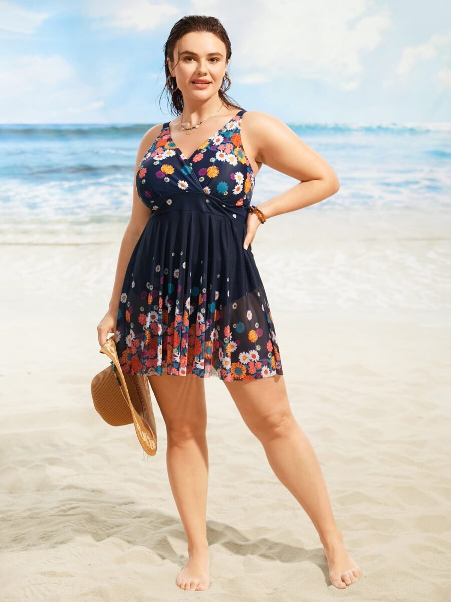 Overlap Collar Floral Patchwork Mesh Swim Dress - Image 3