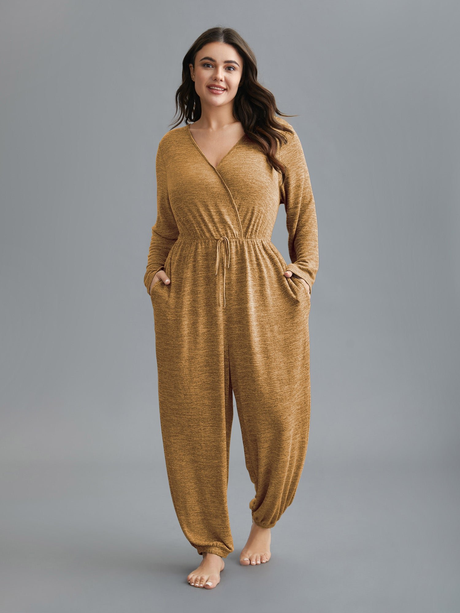 Elastic Waist Overlap Collar Lounge Jumpsuit - Image 56