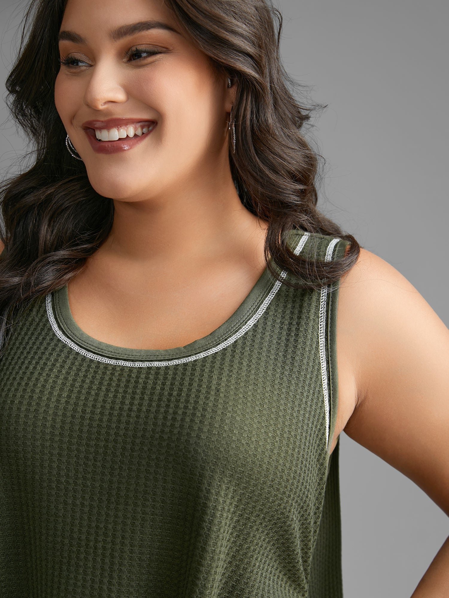 Waffle Knit Patchwork Topstitching Tank Top - Image 2