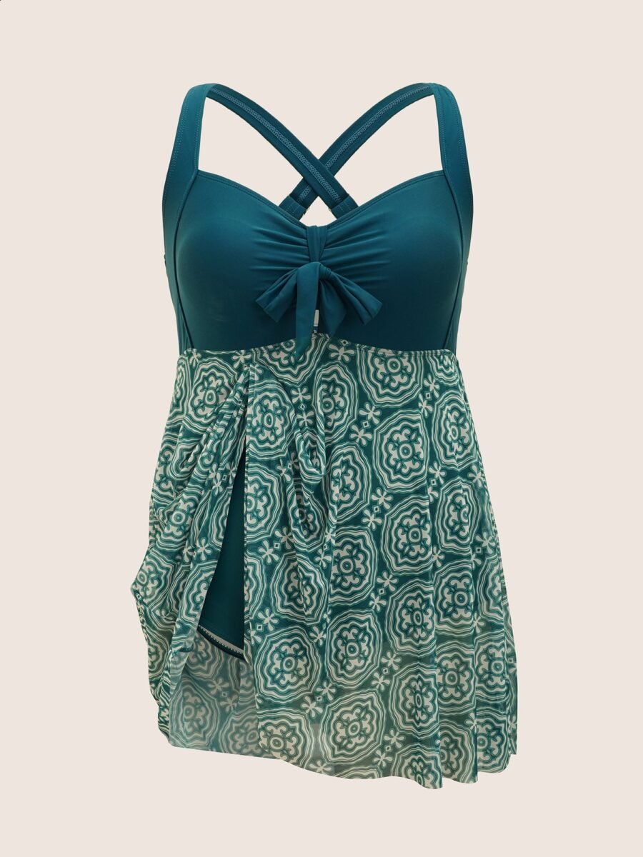 Boho Print Patchwork Tie Knot Gathered Swim Dress - Image 11