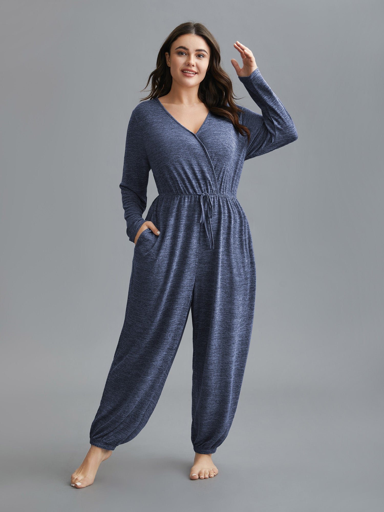 Elastic Waist Overlap Collar Lounge Jumpsuit - Image 14