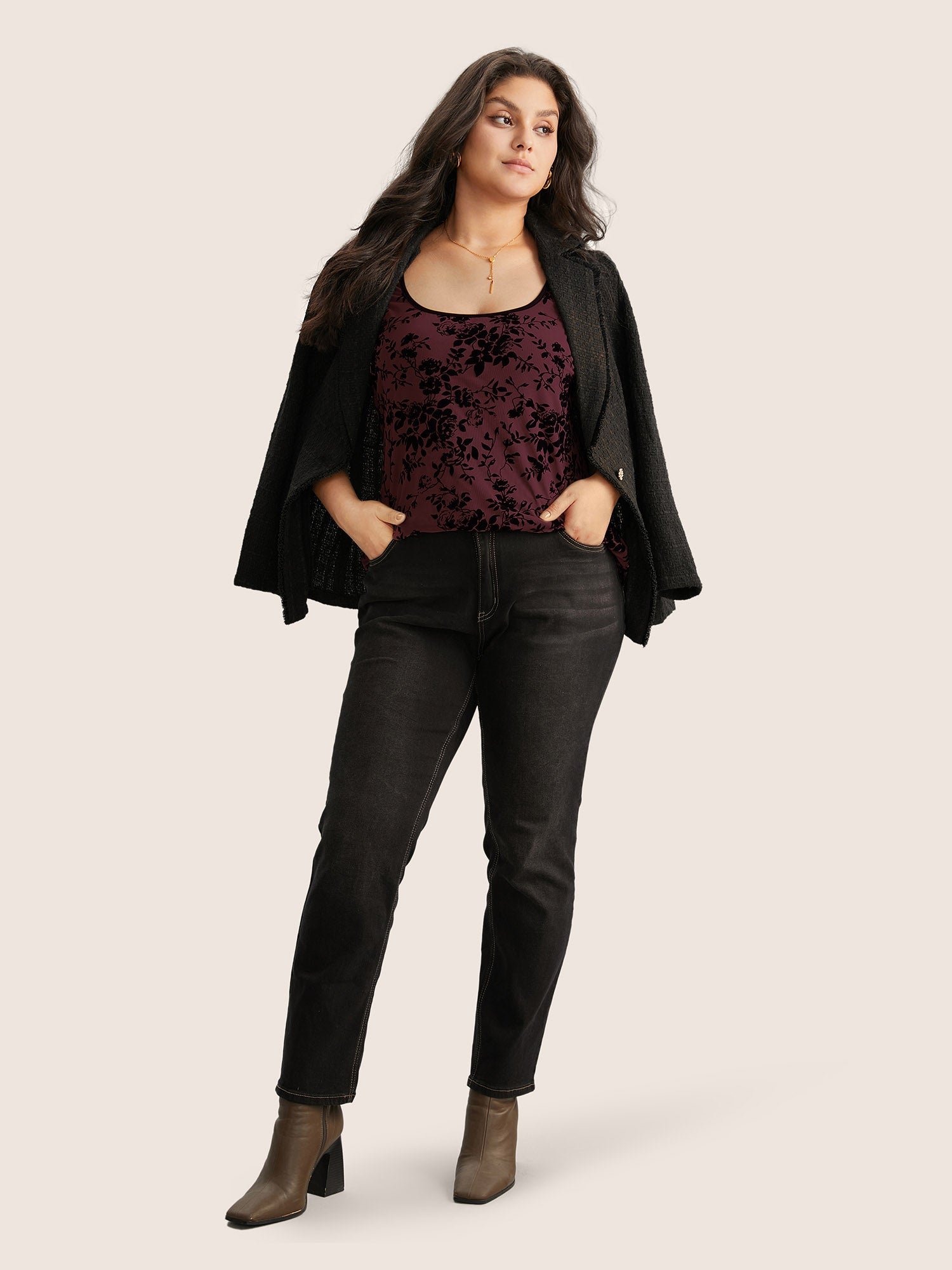 Silhouette Floral Print Flocking Square Neck Tank Top - Image 4