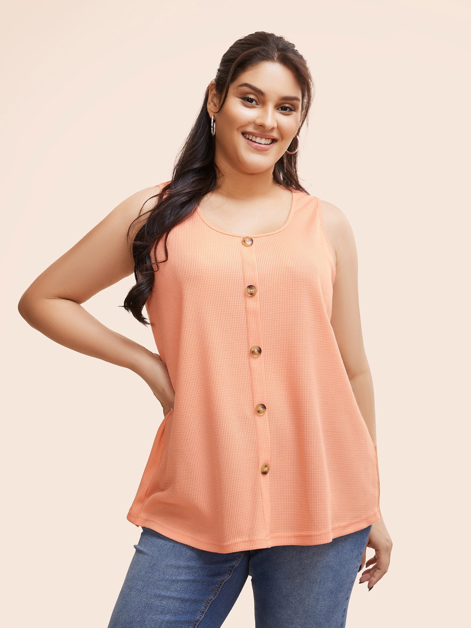 Solid Button Detail Waffle Knit Tank Top - Image 9