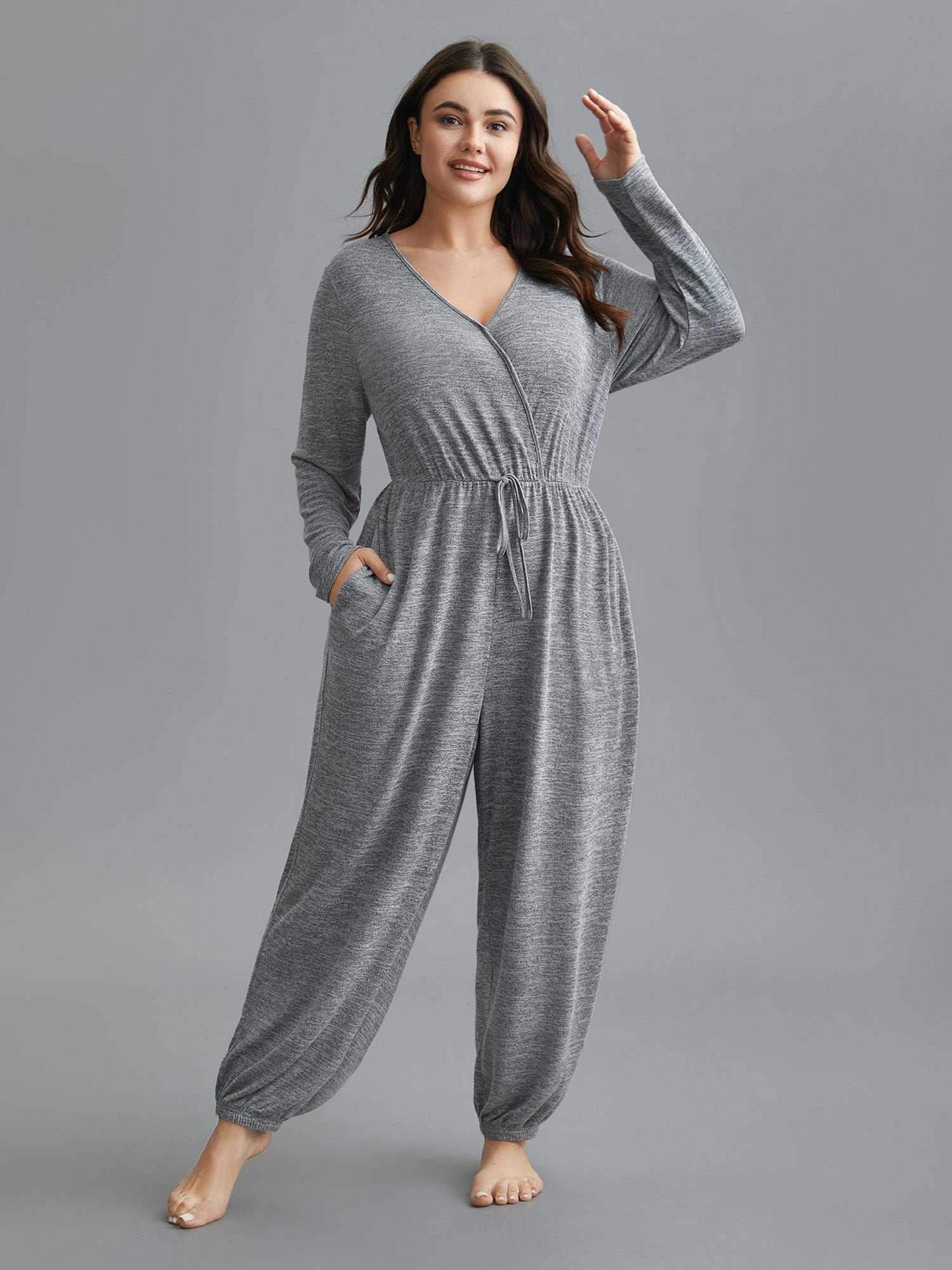 Elastic Waist Overlap Collar Lounge Jumpsuit - Image 21