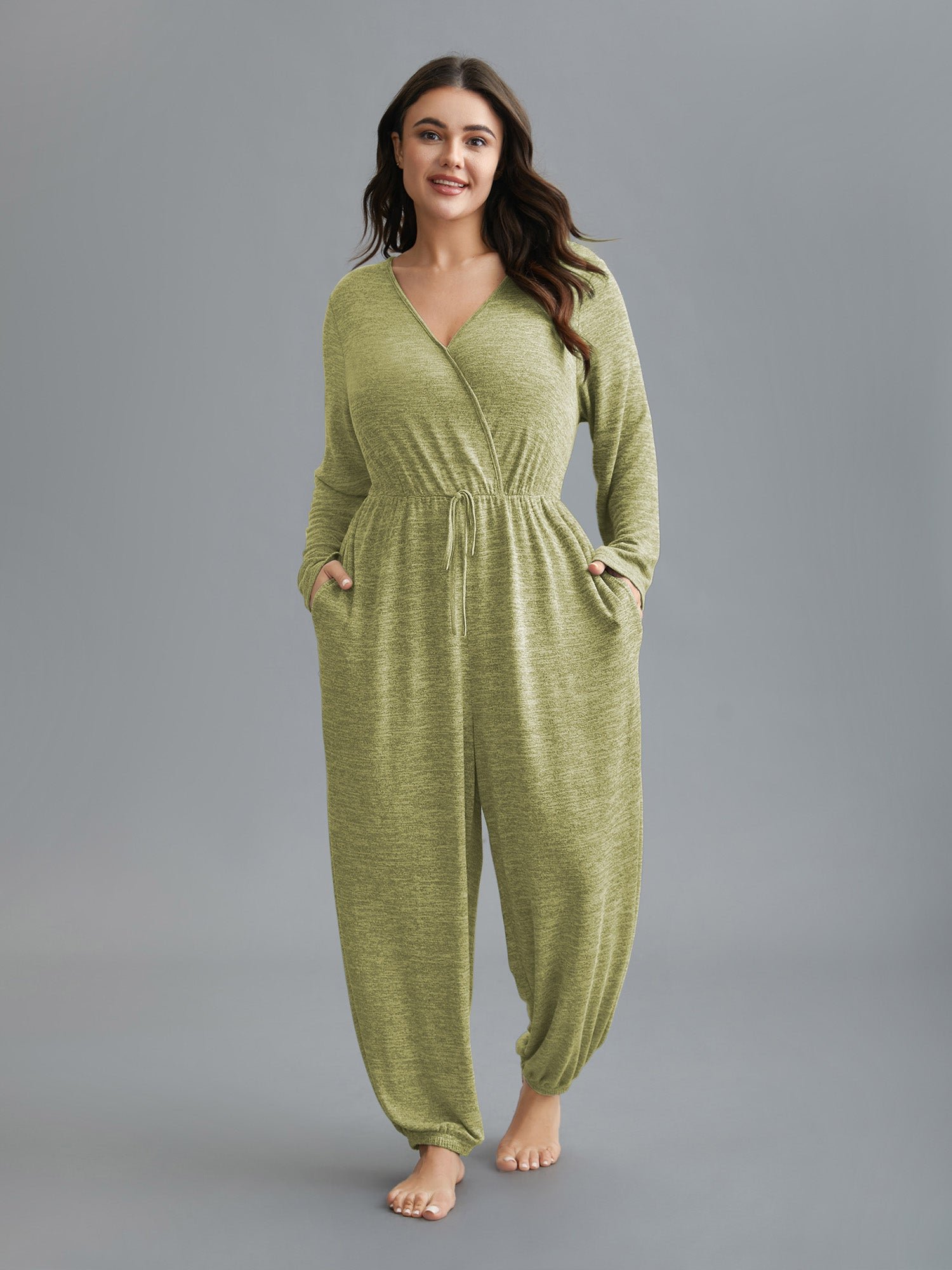 Elastic Waist Overlap Collar Lounge Jumpsuit - Image 50