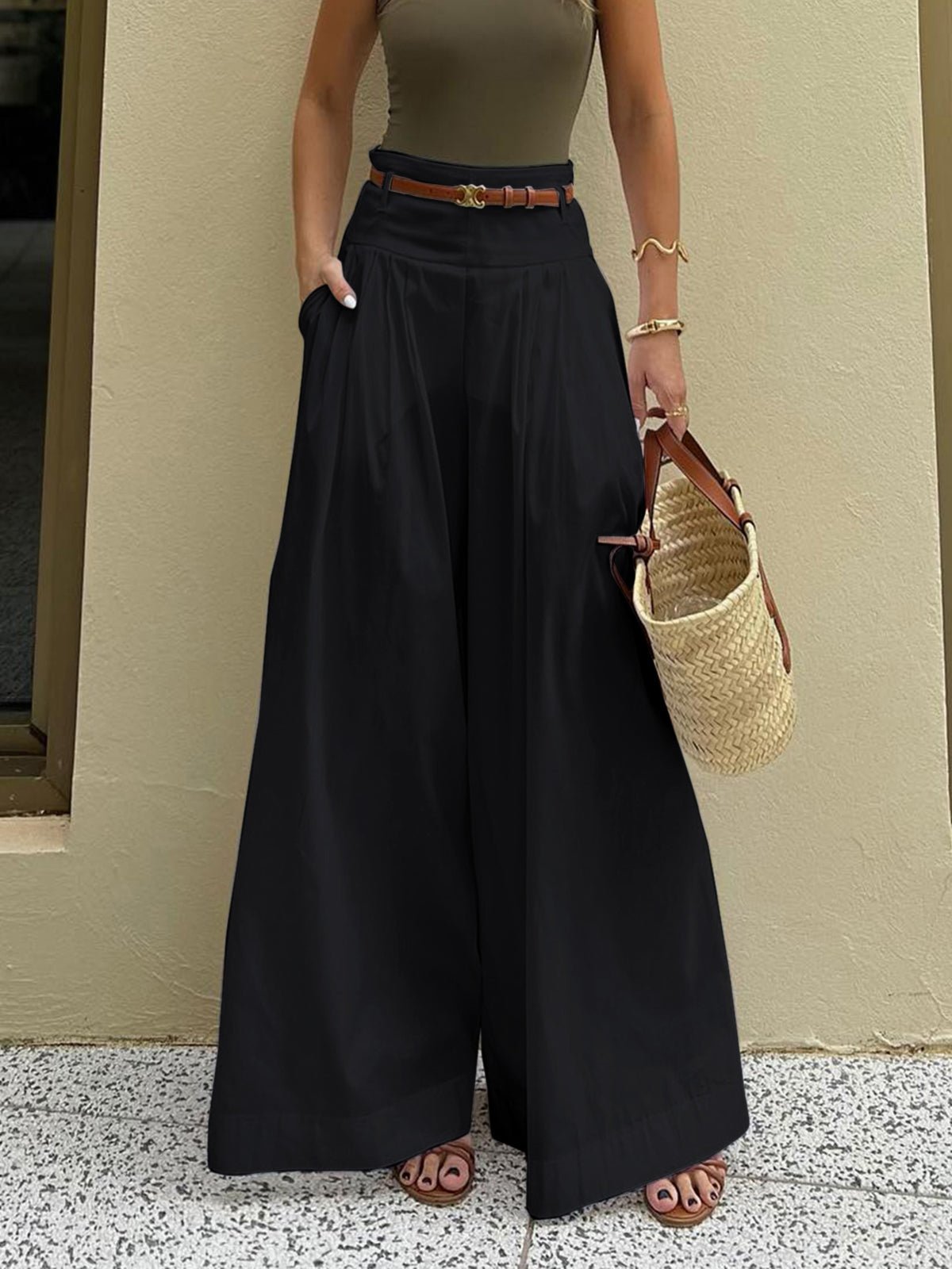Cotton Pleated Wide Leg Pants - Image 6