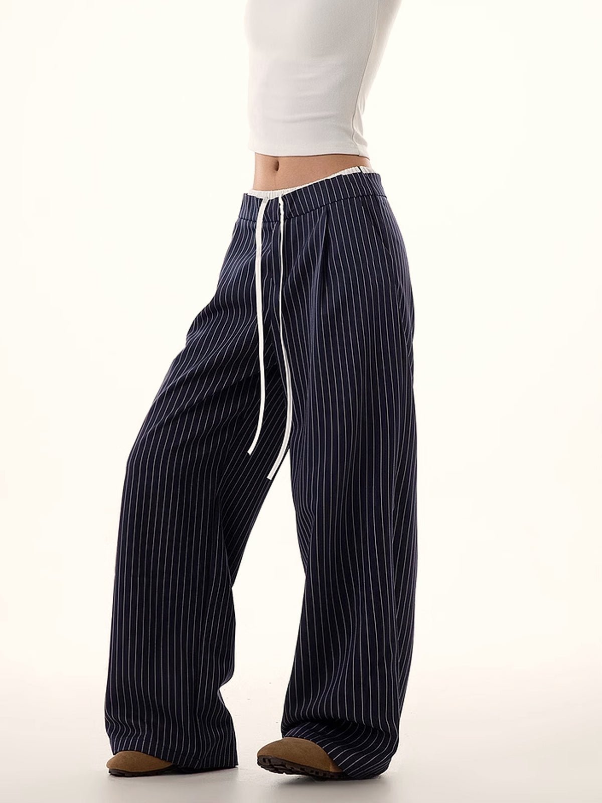 Pinstripe Drawstring Wide Leg Pants - Image 3