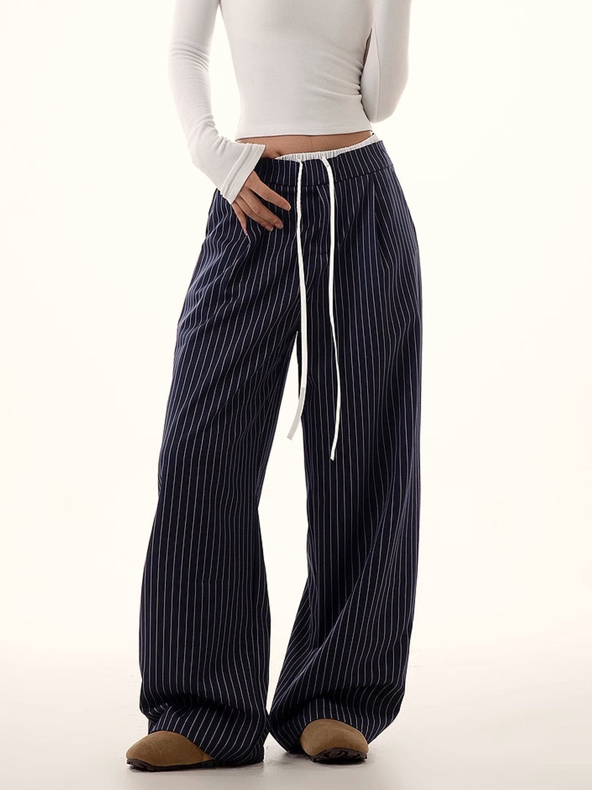 Pinstripe Drawstring Wide Leg Pants - Image 2