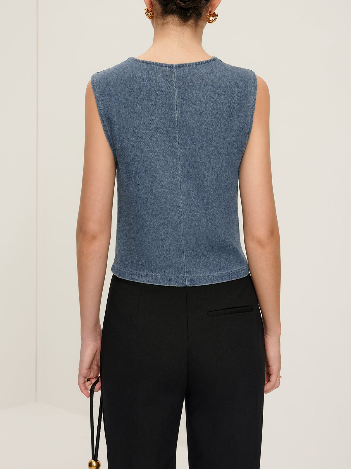 V-Neck Piping Button Denim Vest - Image 5