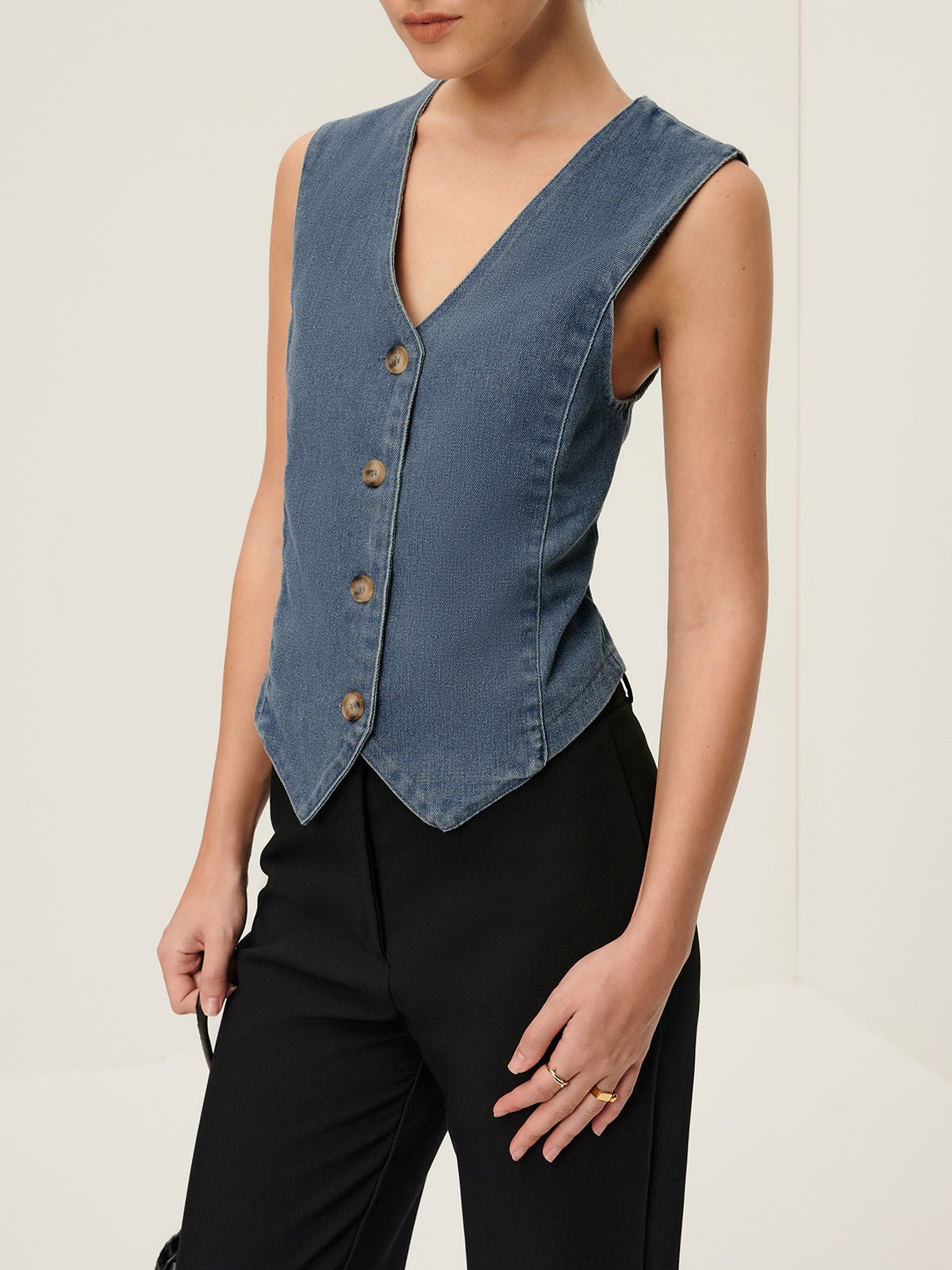 V-Neck Piping Button Denim Vest - Image 3