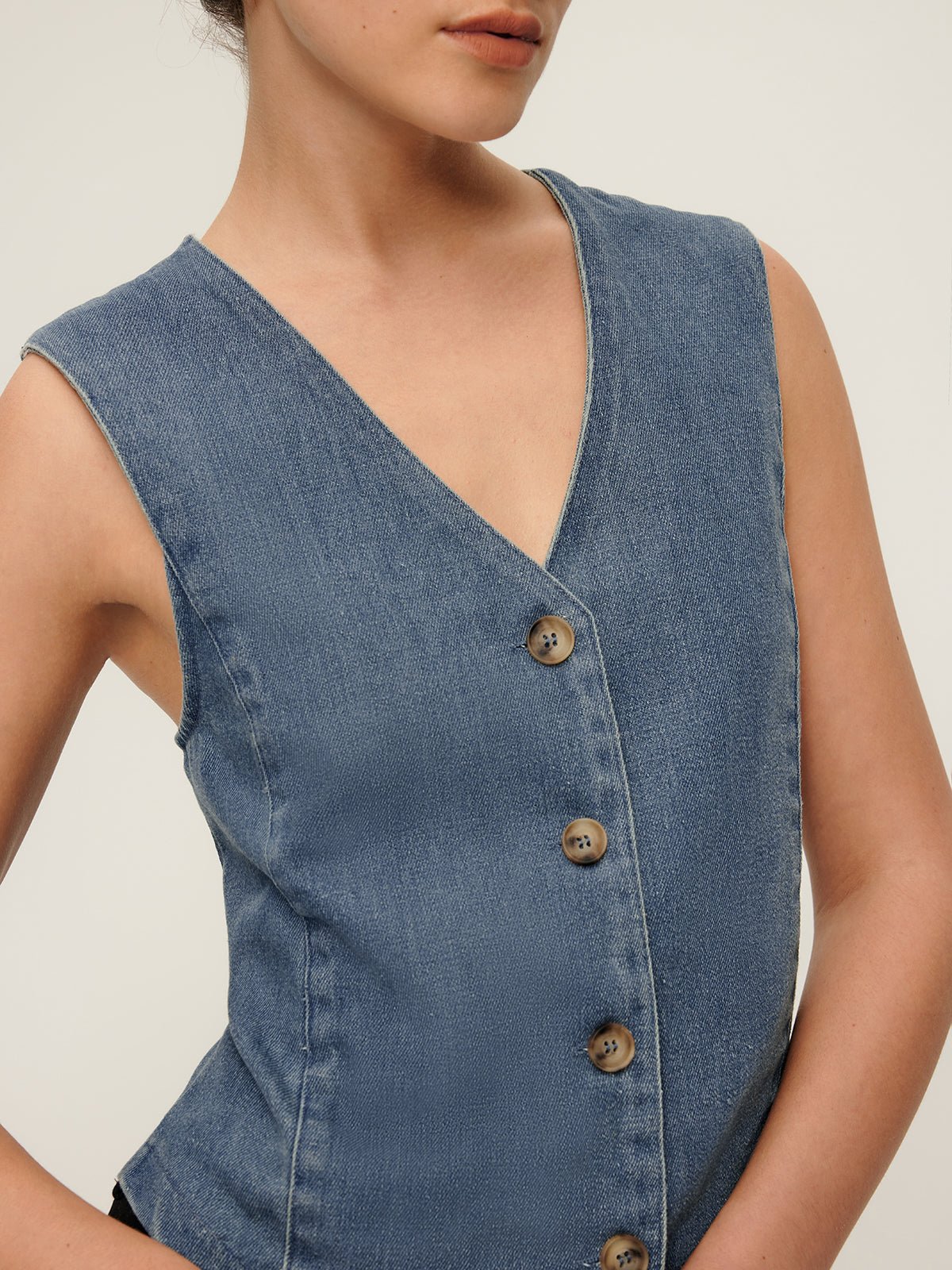 V-Neck Piping Button Denim Vest - Image 2
