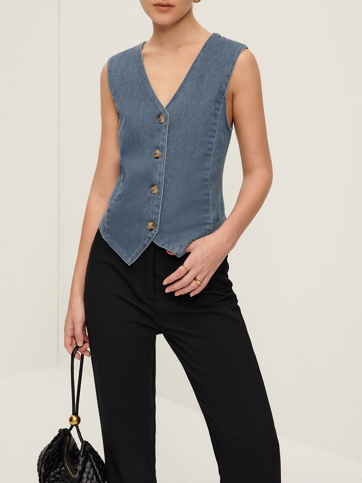 V-Neck Piping Button Denim Vest - Image 4