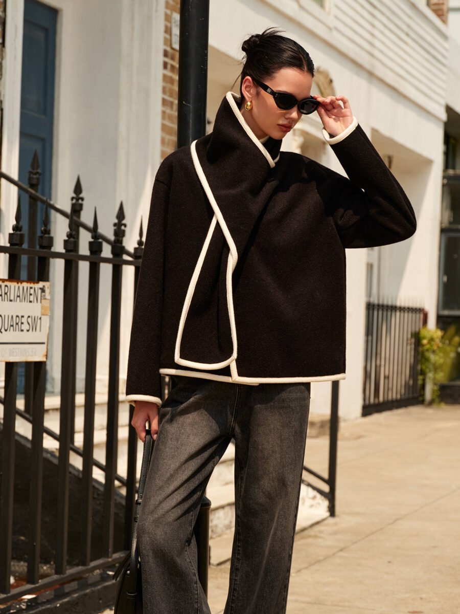 Contrast Trim Wool Coat With Scarf - Image 6