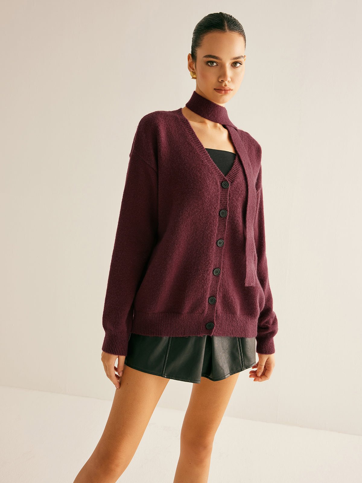 V-Neck Button Knit Outerwear With Scarf - Image 7