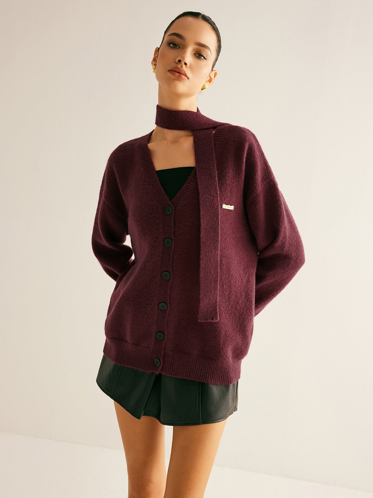 V-Neck Button Knit Outerwear With Scarf - Image 4