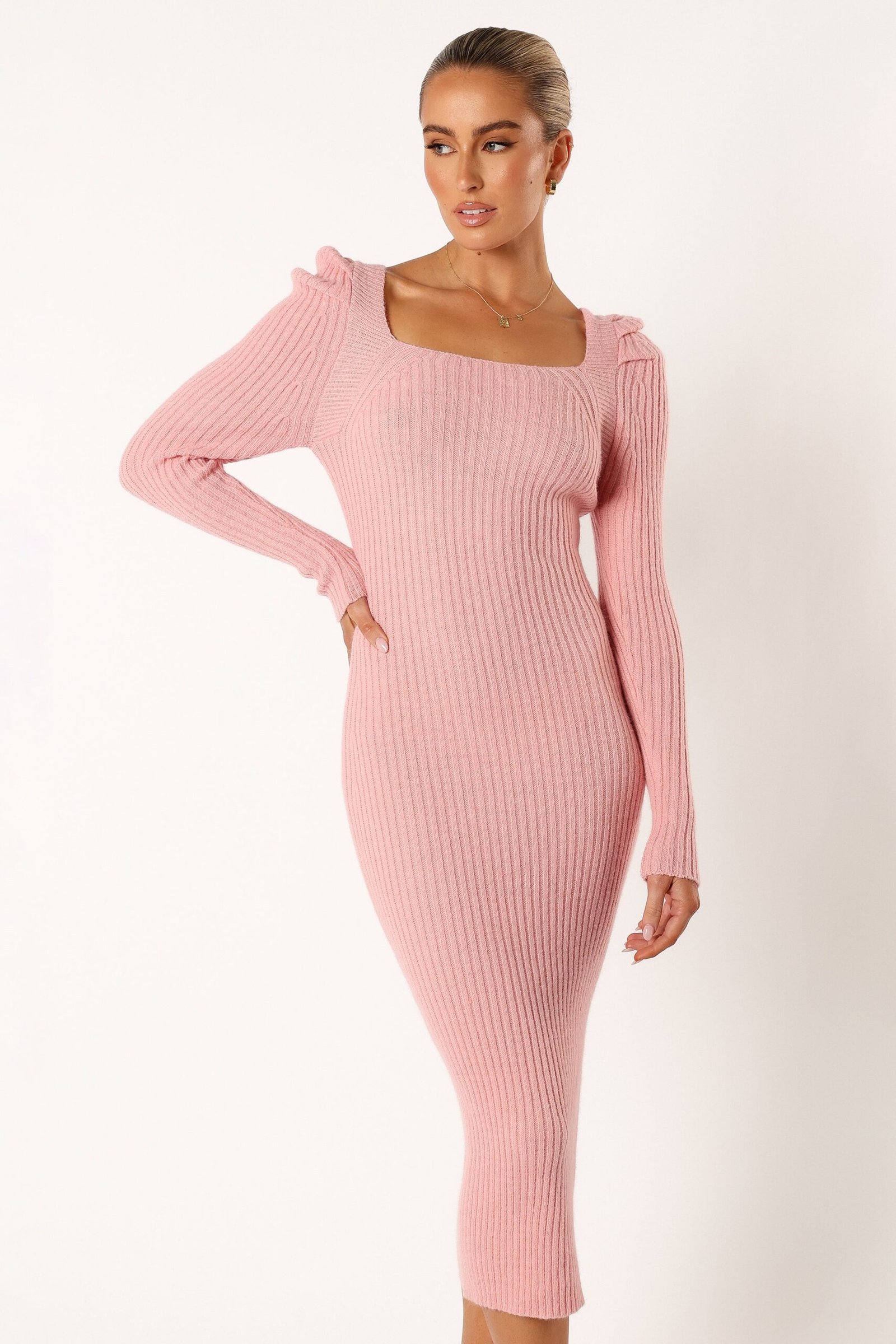 Puff Sleeve Knit Sweater Midi Dress - Blush
