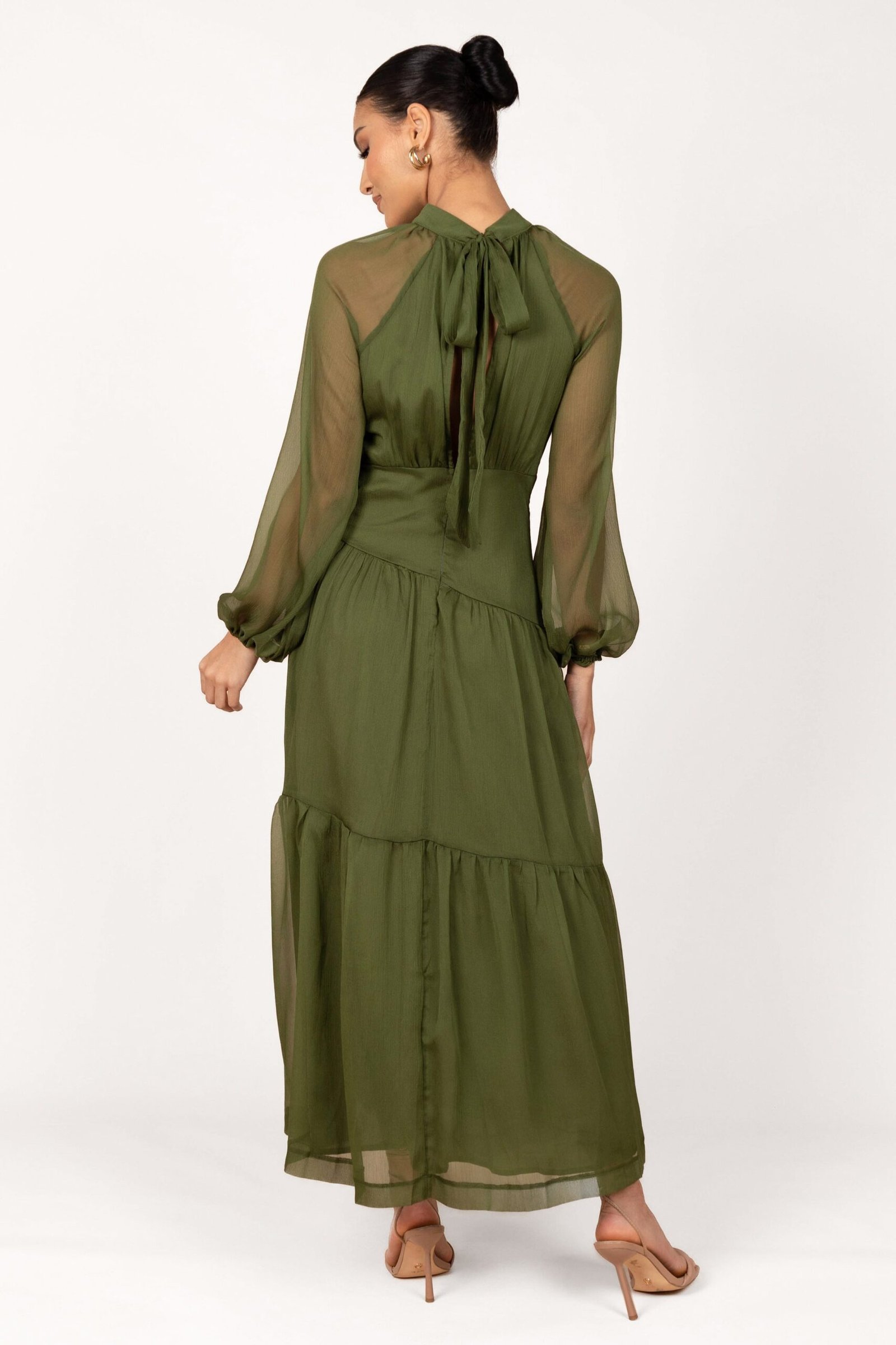 Sheer Long Sleeve Maxi Dress - Olive
