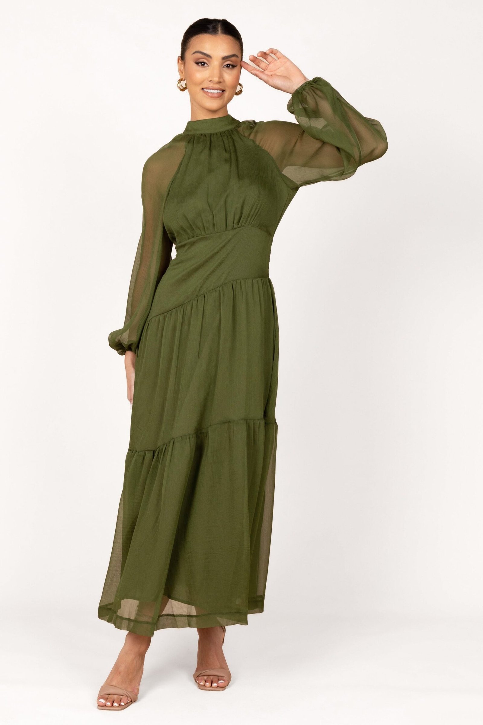 Sheer Long Sleeve Maxi Dress - Olive - Image 6