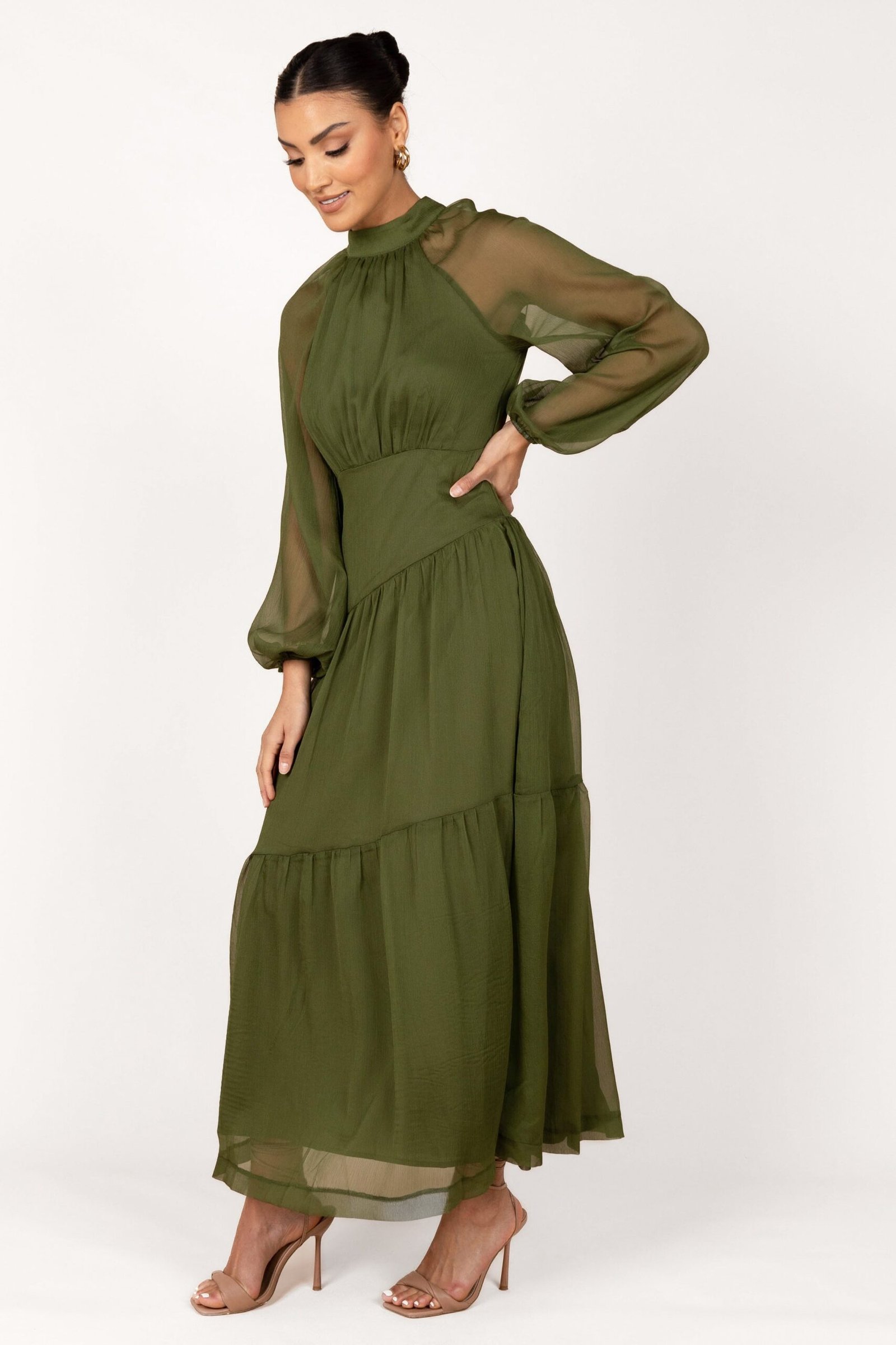 Sheer Long Sleeve Maxi Dress - Olive - Image 2