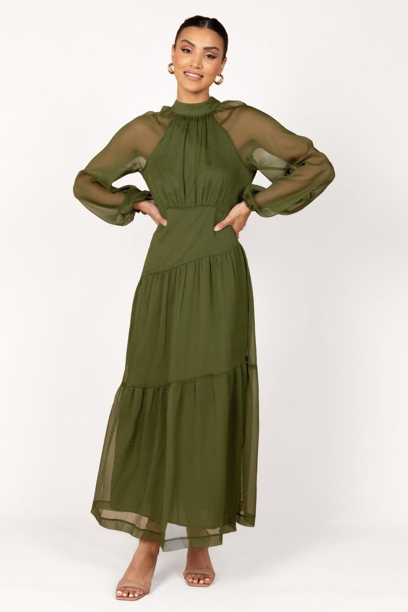 Sheer Long Sleeve Maxi Dress - Olive - Image 4