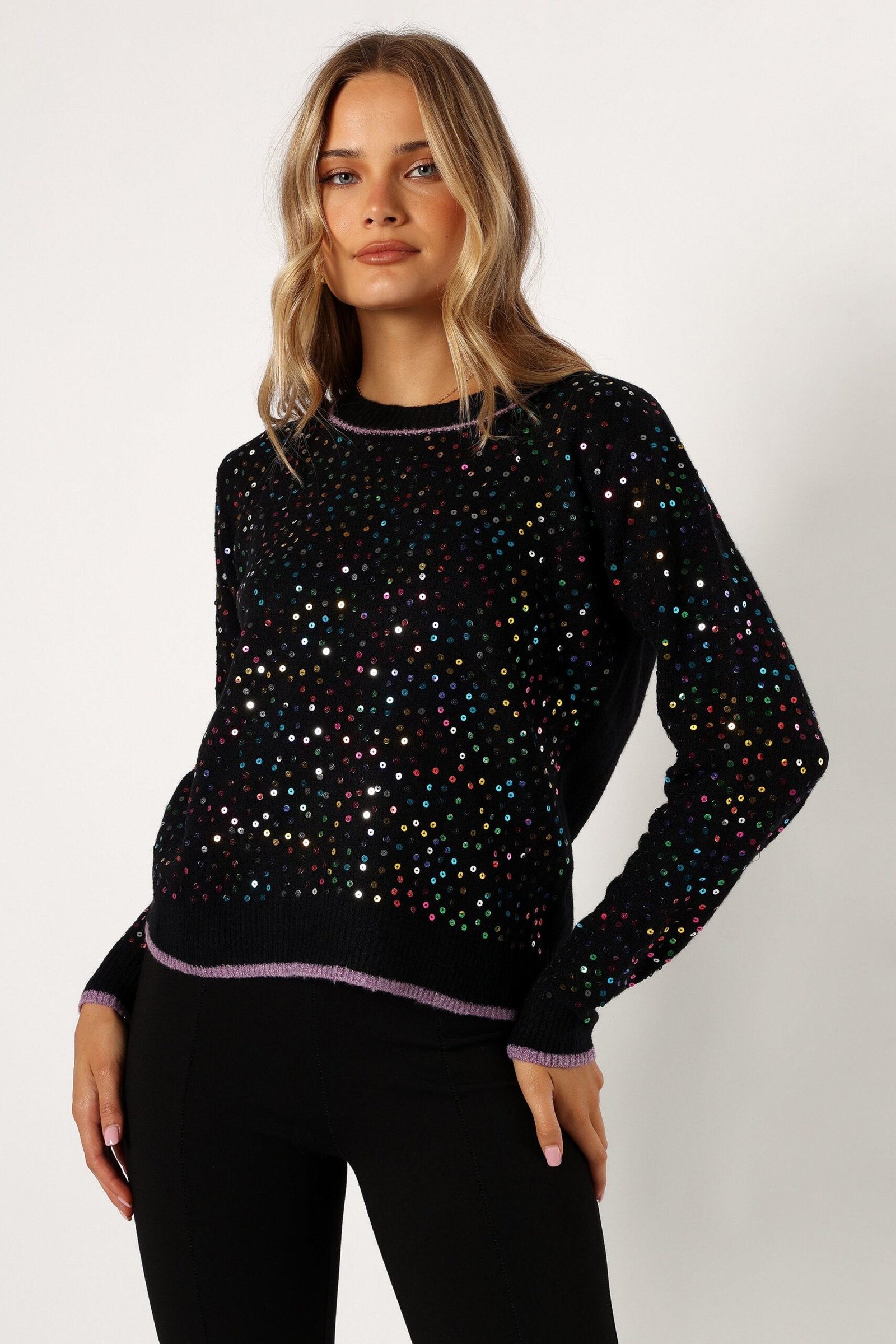 Sequin Embellished Knit Sweater - Black - Image 5