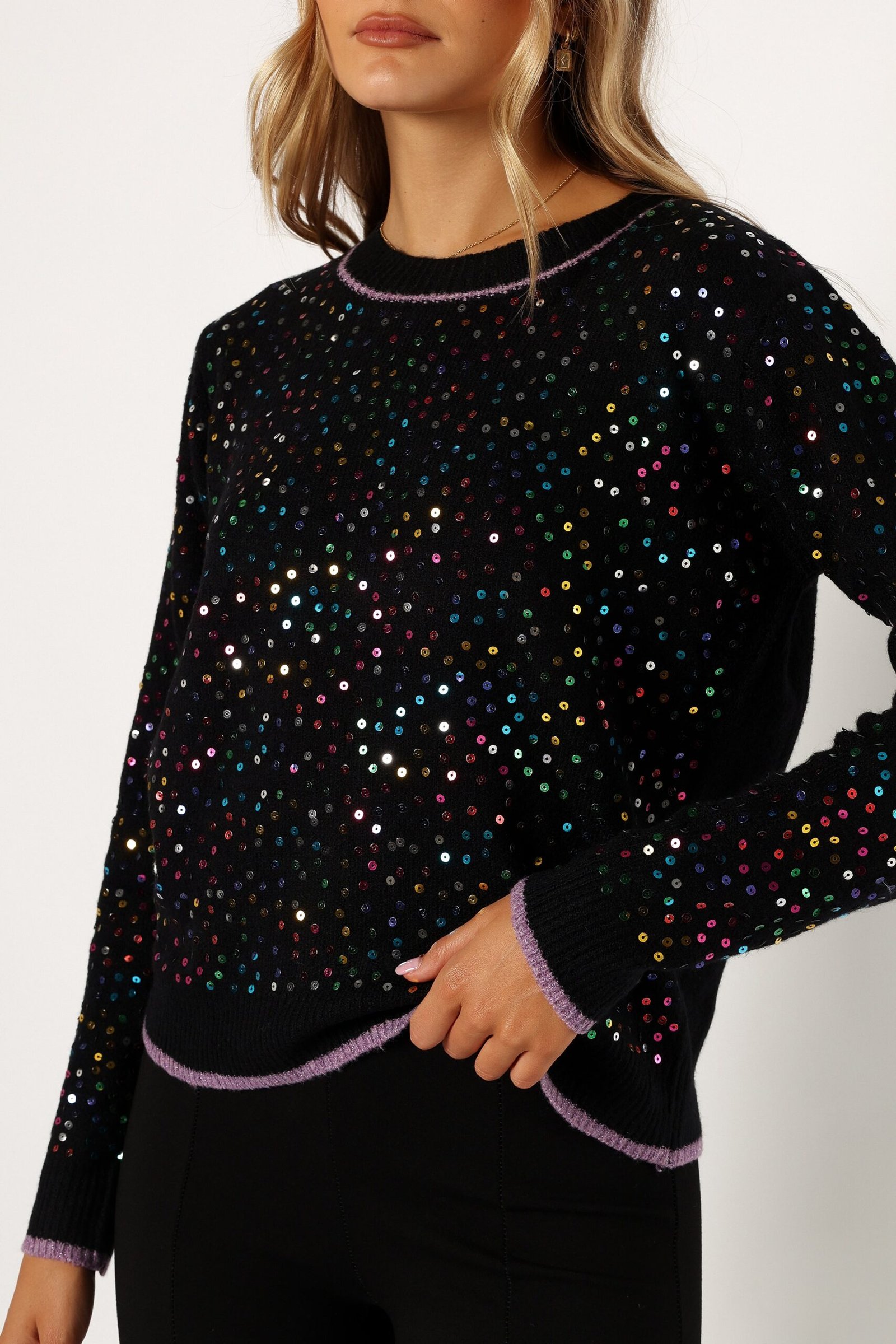 Sequin Embellished Knit Sweater - Black - Image 7