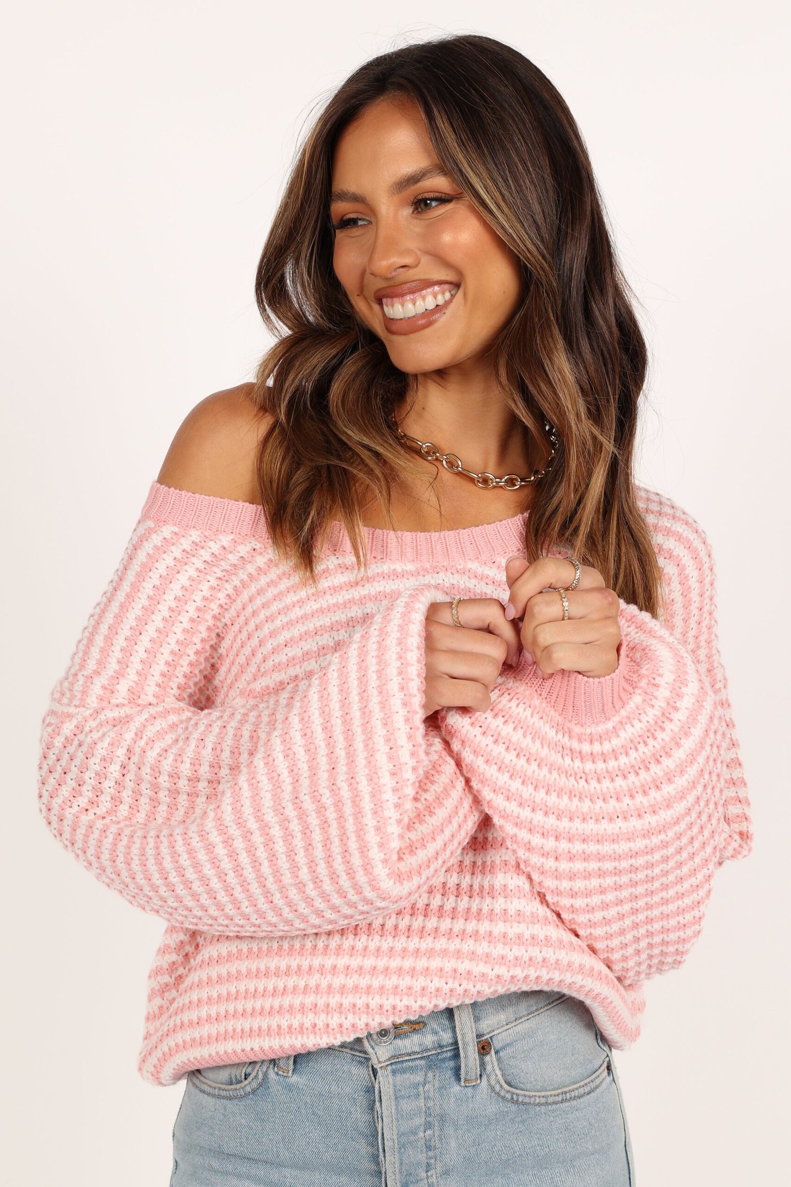 Crewneck Waffle Stitch Stripe Knit Sweater - Pink
