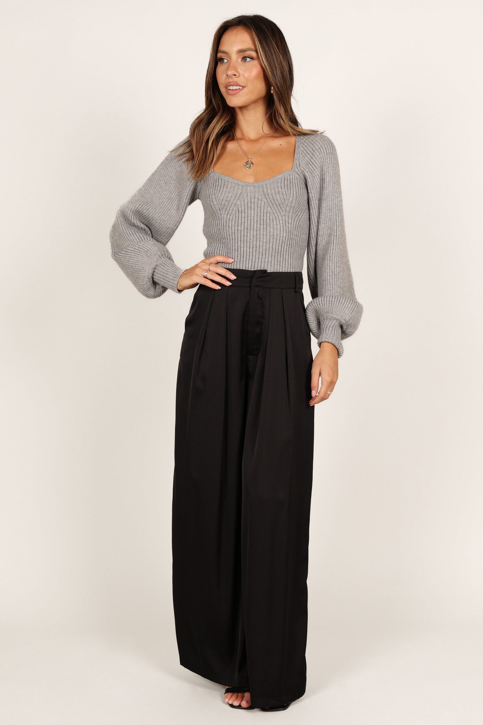 Sweetheart Neck Bell Sleeve Knit Sweater - Light Grey - Image 5