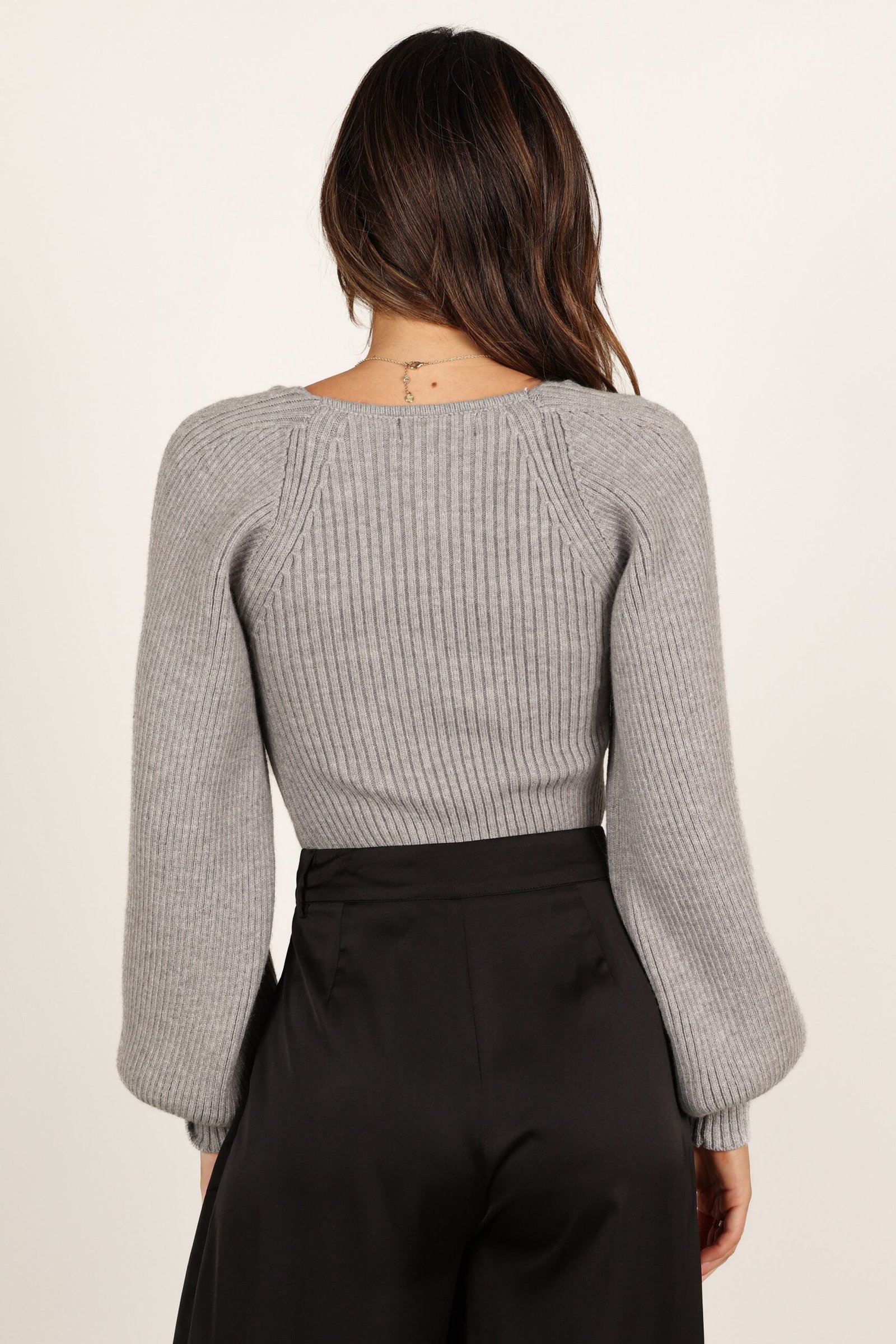 Sweetheart Neck Bell Sleeve Knit Sweater - Light Grey - Image 8