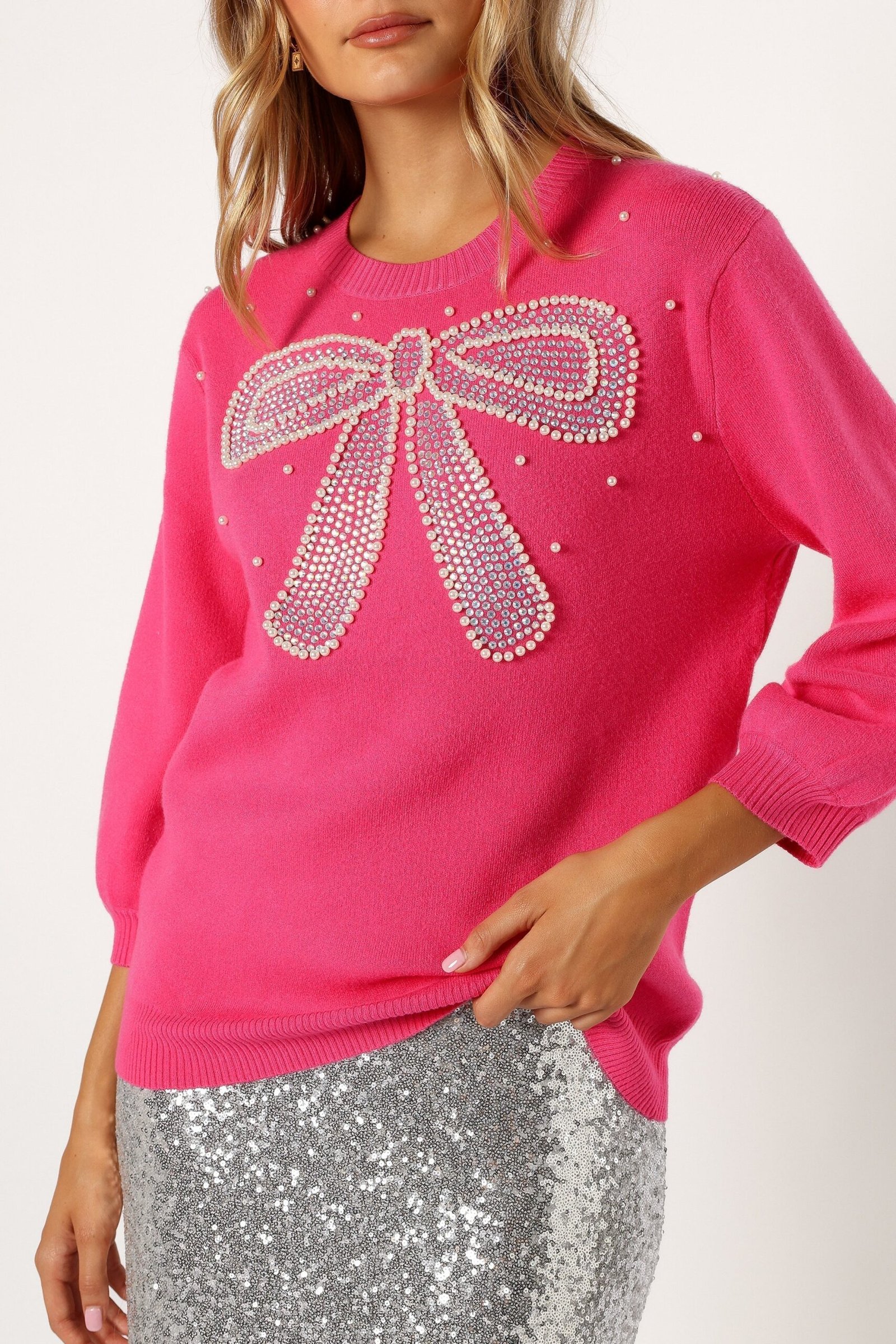 Embellished Bow Knit Sweater - Hot Pink - Image 6