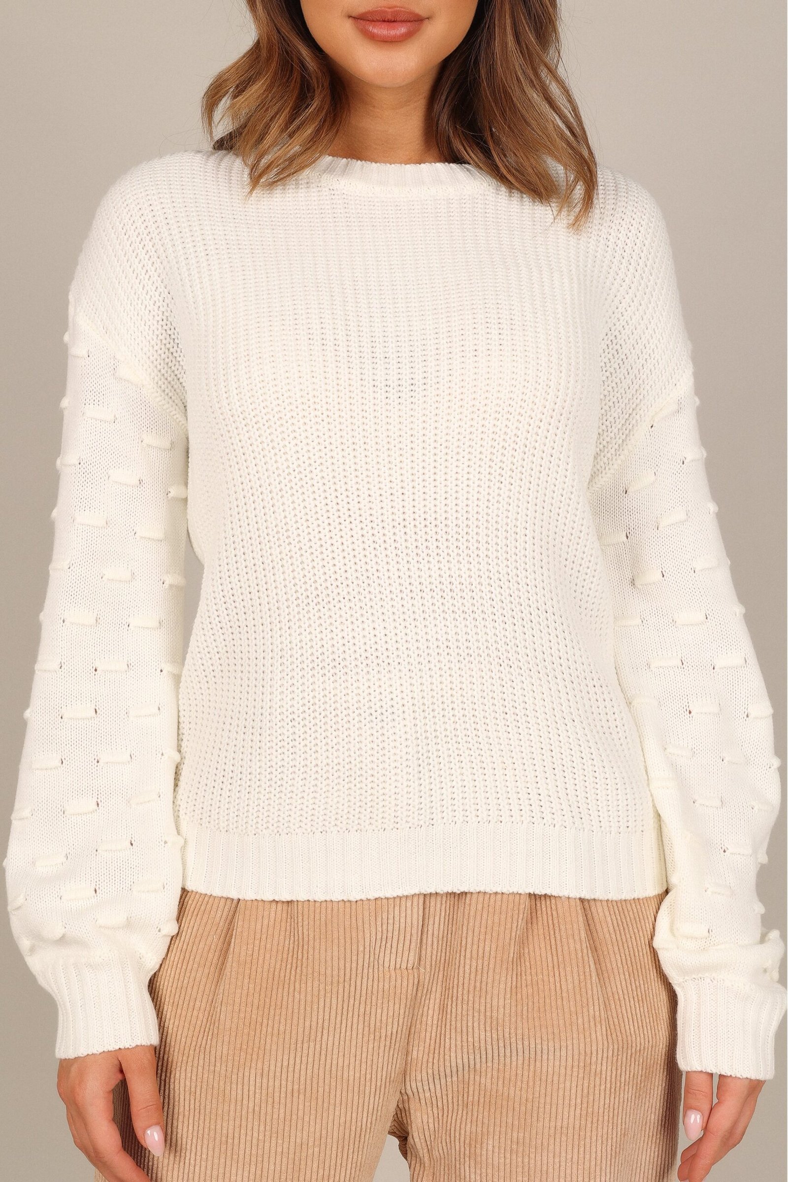 Textured Sleeve Crewneck Knit Sweater - White - Image 3