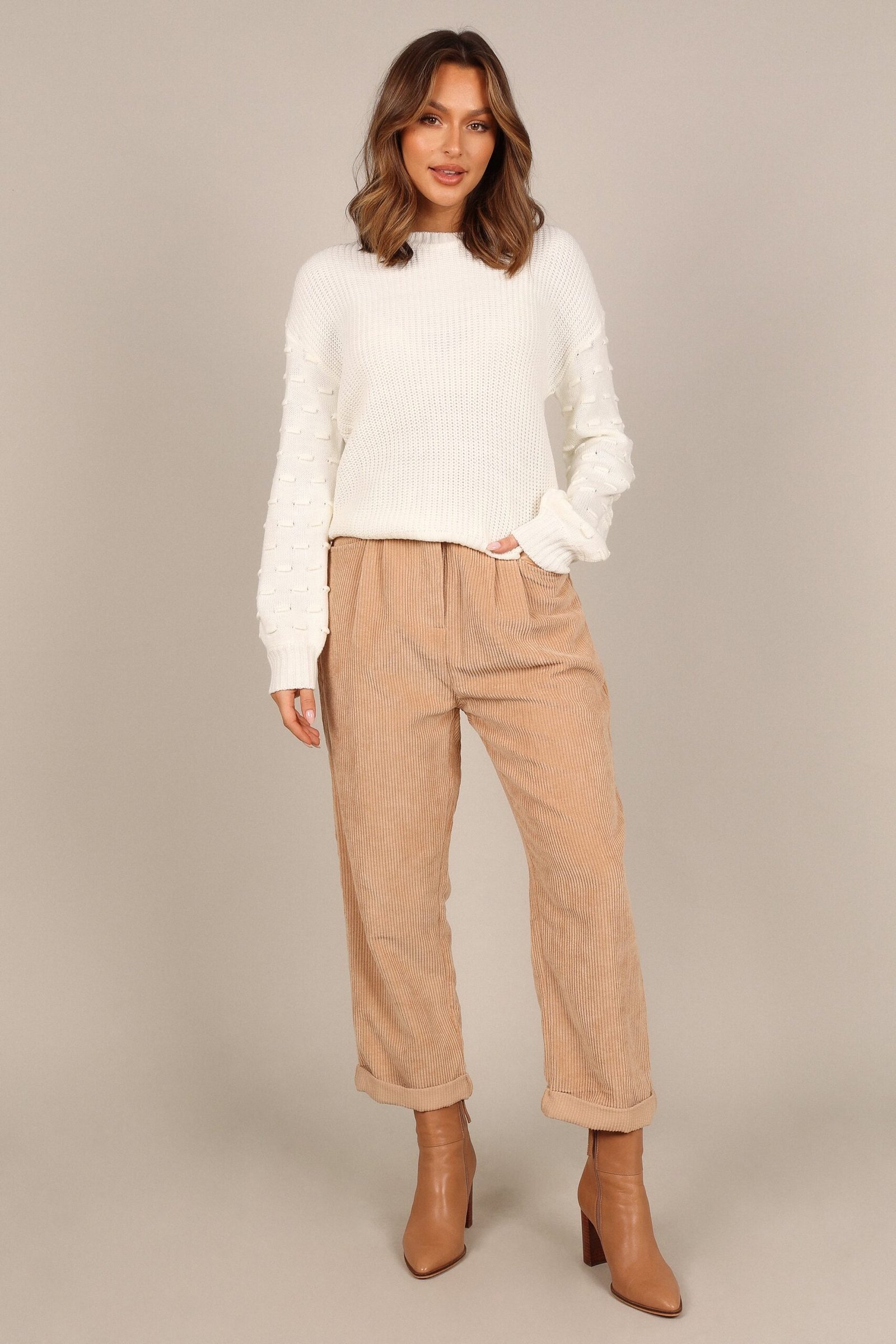 Textured Sleeve Crewneck Knit Sweater - White - Image 2