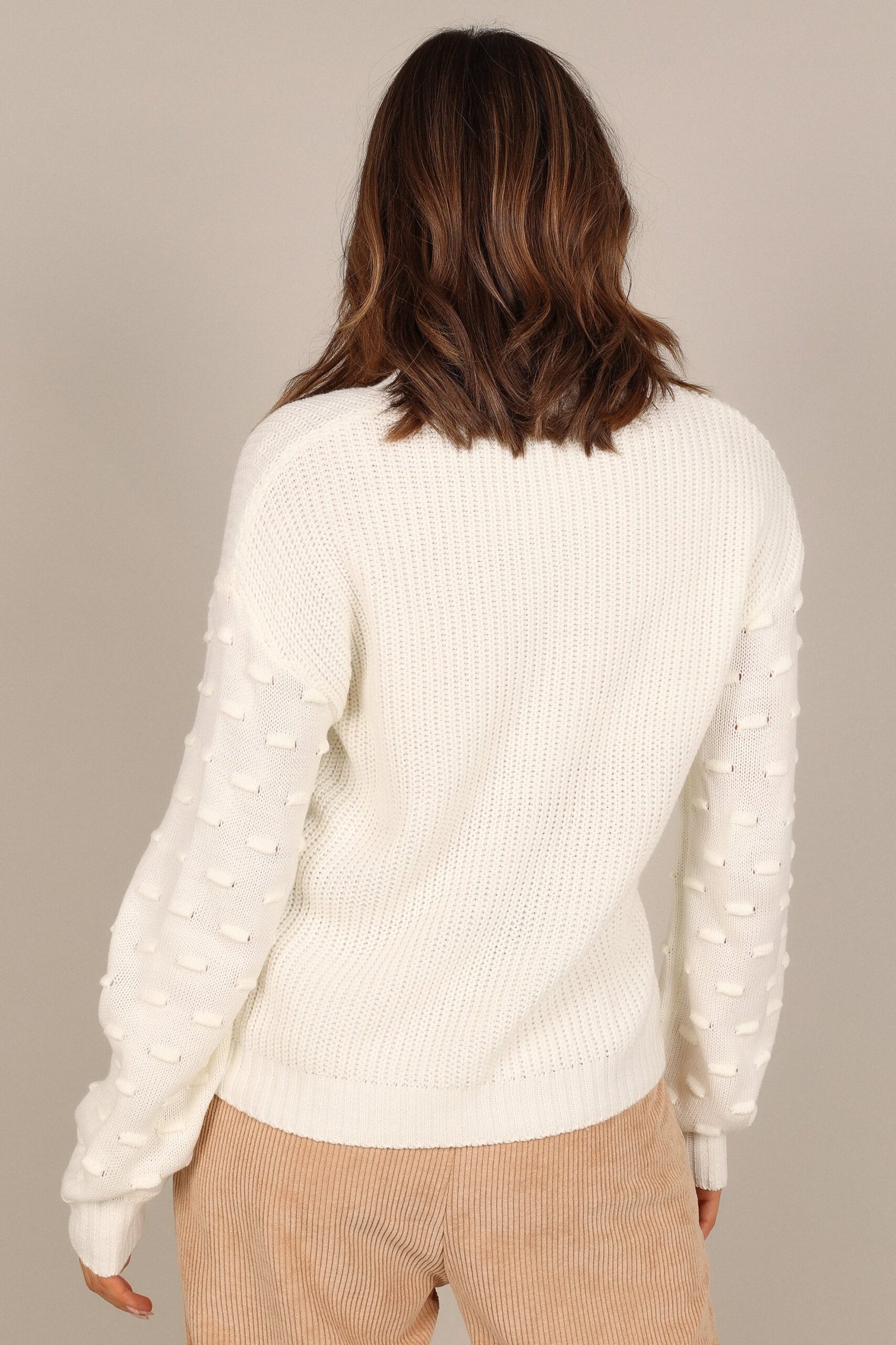 Textured Sleeve Crewneck Knit Sweater - White - Image 5