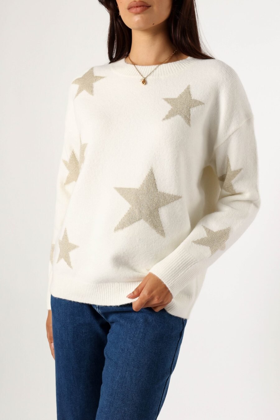 Crewneck Shimmer Star Knit Sweater - Cream - Image 6