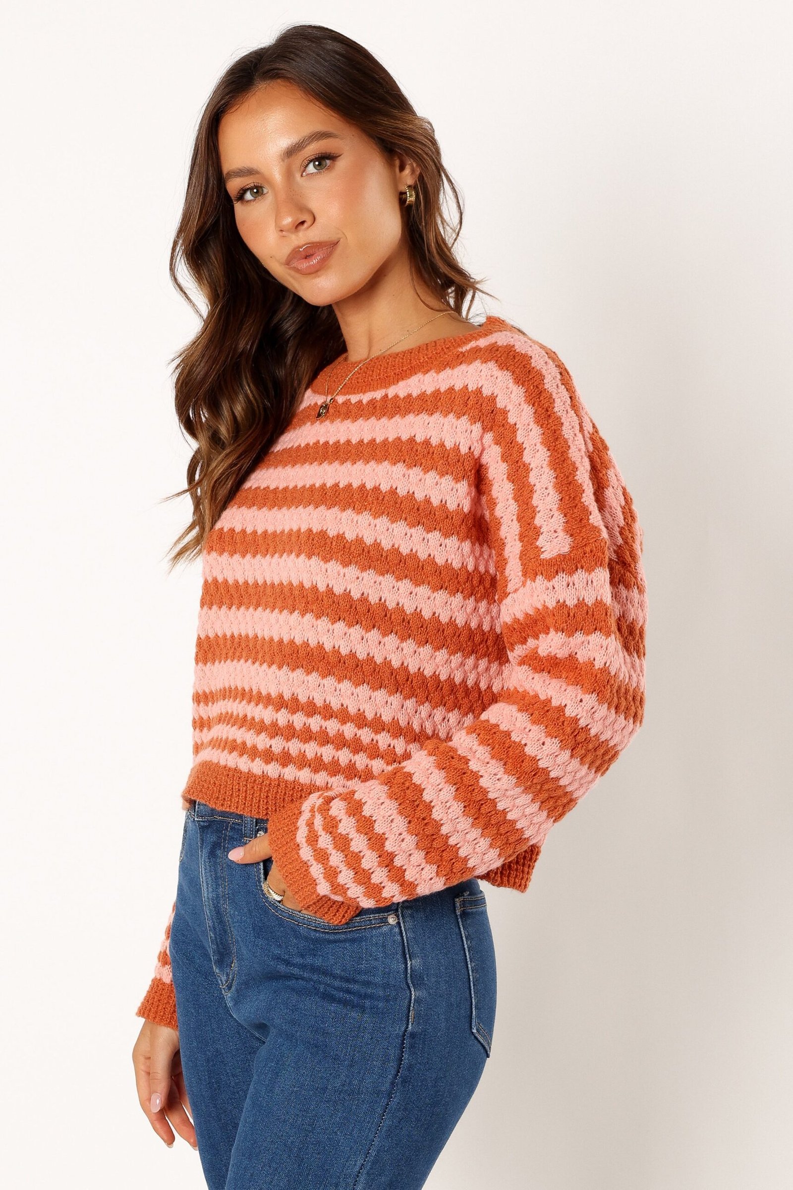Striped Crewneck Knit Sweater - Orange Pink - Image 2