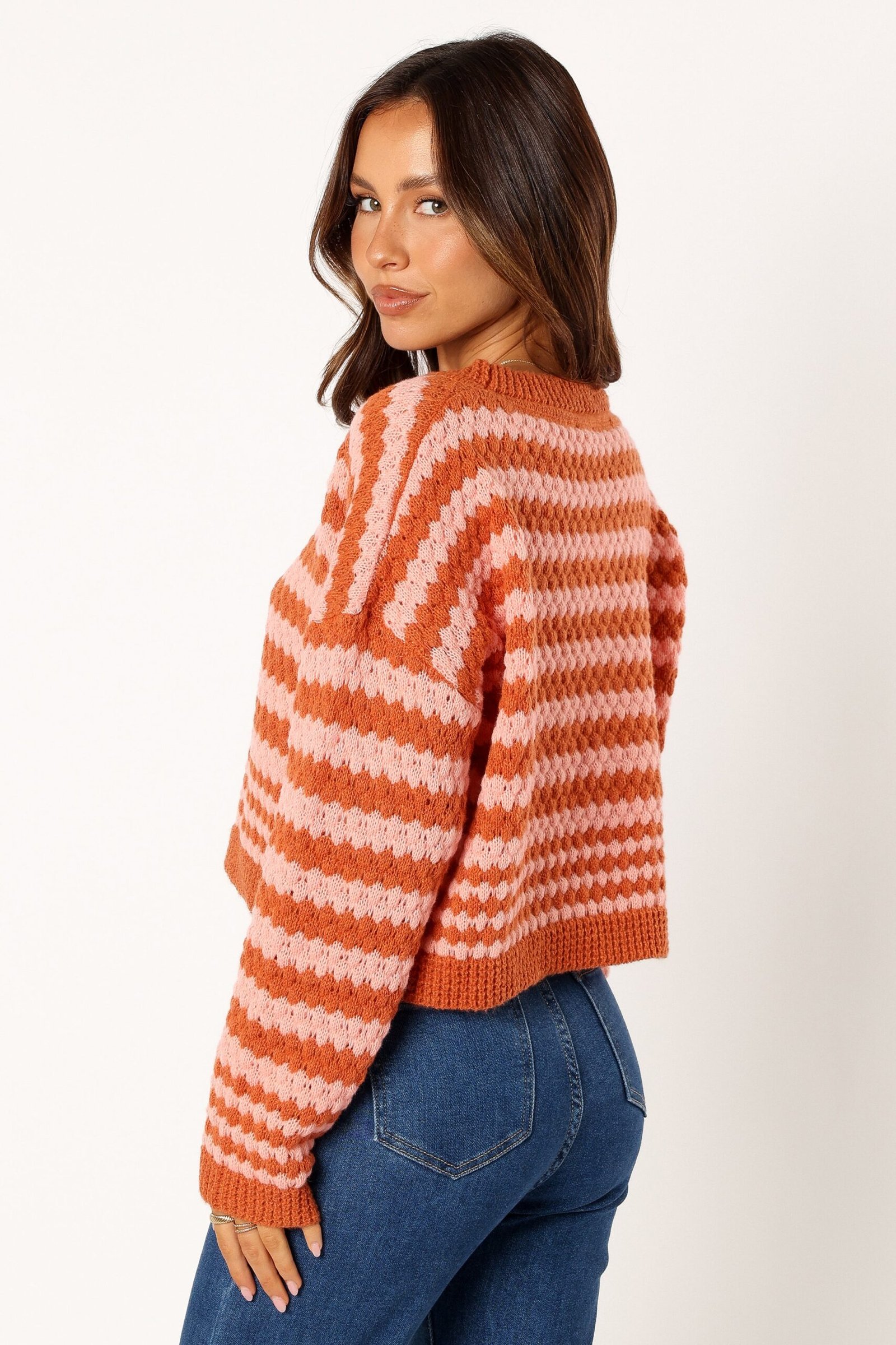 Striped Crewneck Knit Sweater - Orange Pink - Image 3