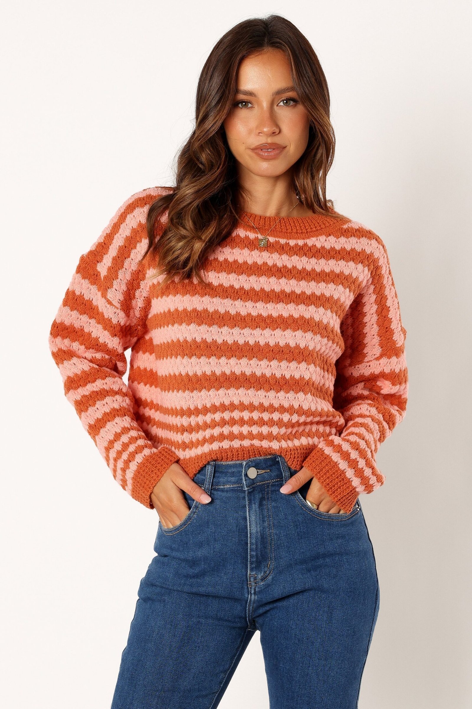 Striped Crewneck Knit Sweater - Orange Pink - Image 5