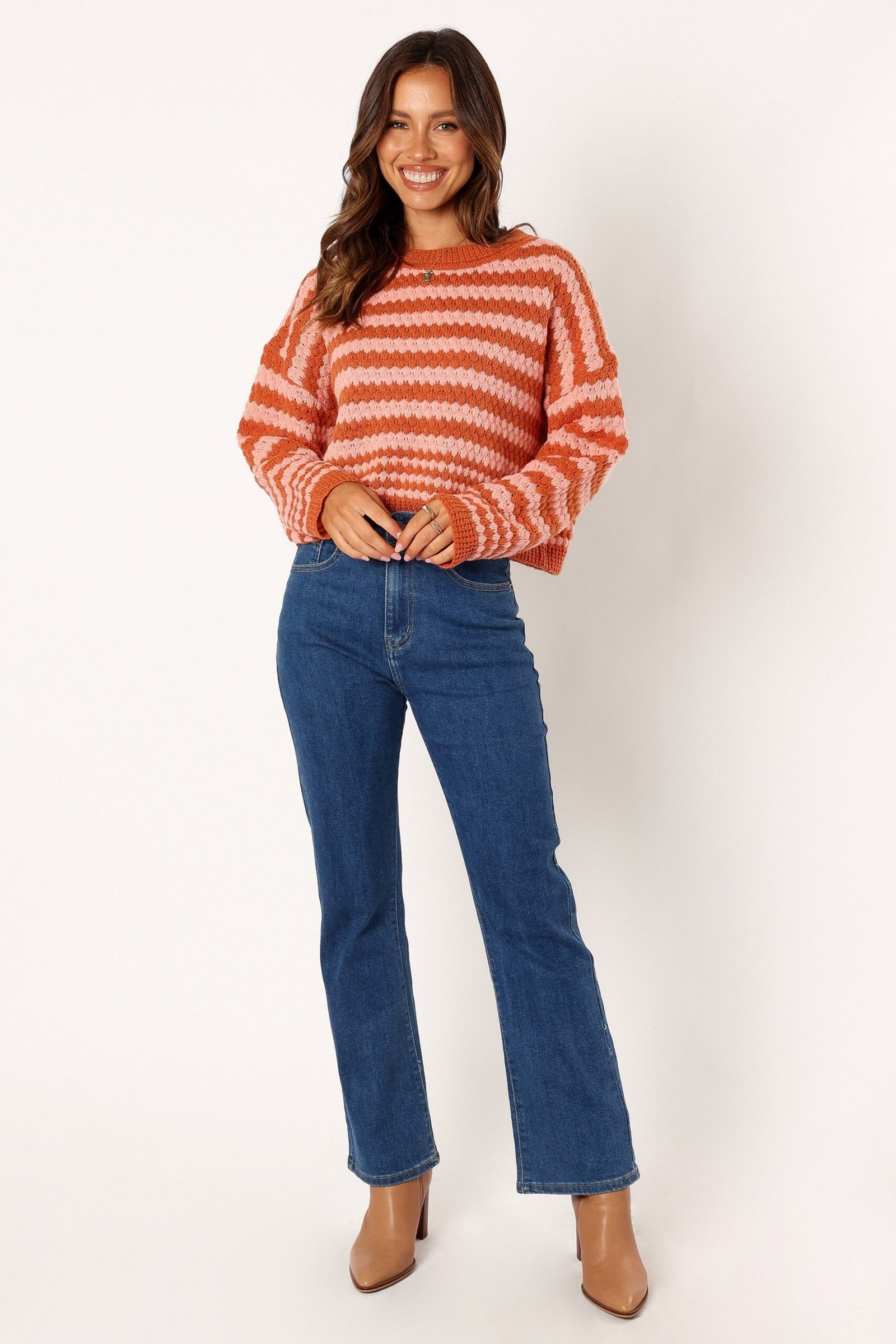 Striped Crewneck Knit Sweater - Orange Pink - Image 6