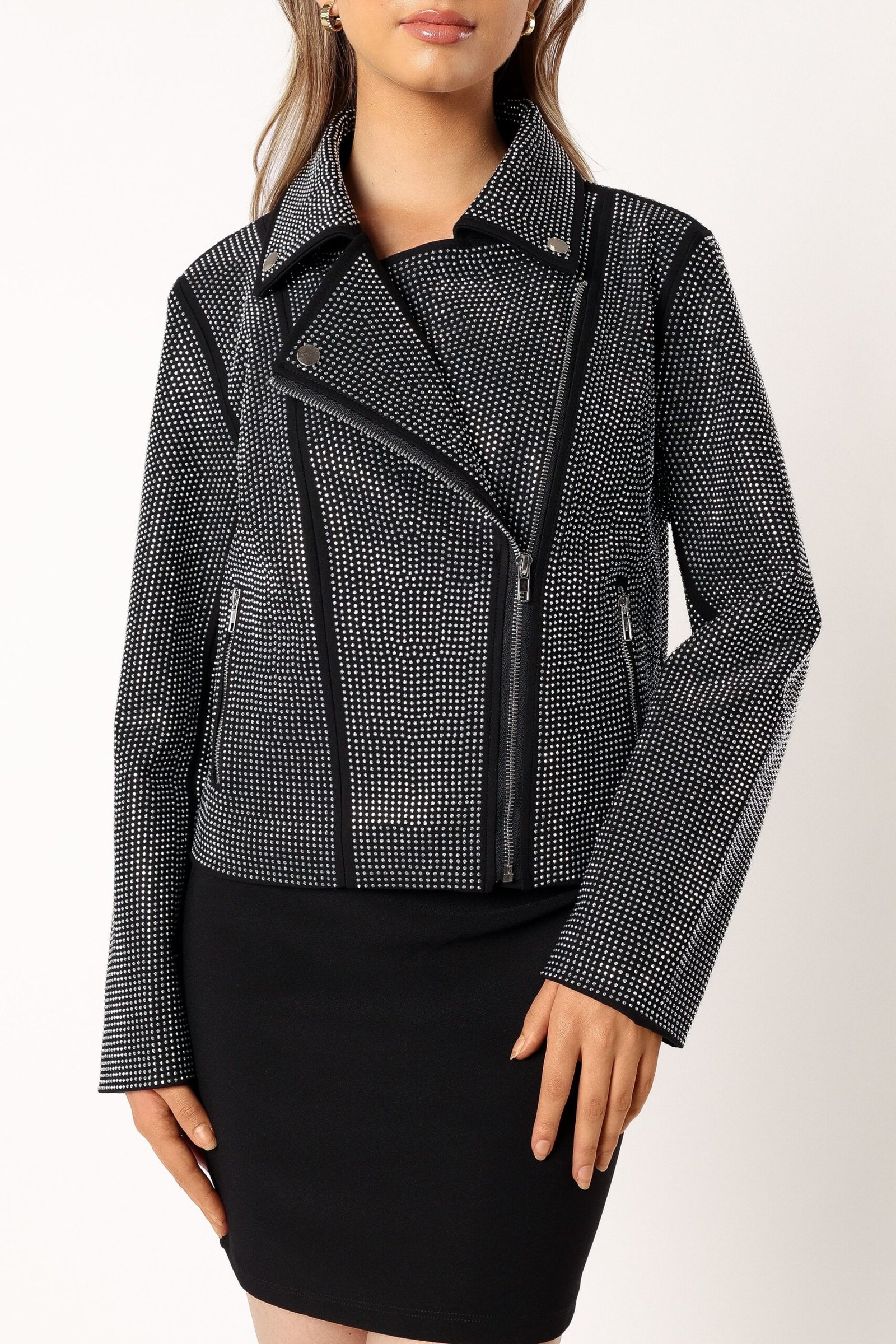 Crystal Studded Moto Jacket - Black - Image 8